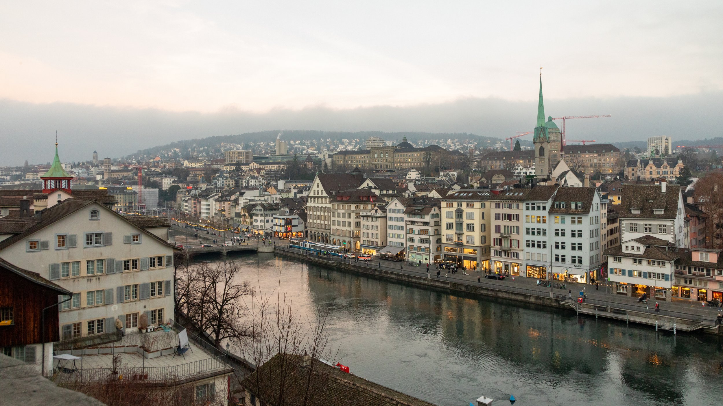  Looking down on the river and park at dusk from Lendenhof park 