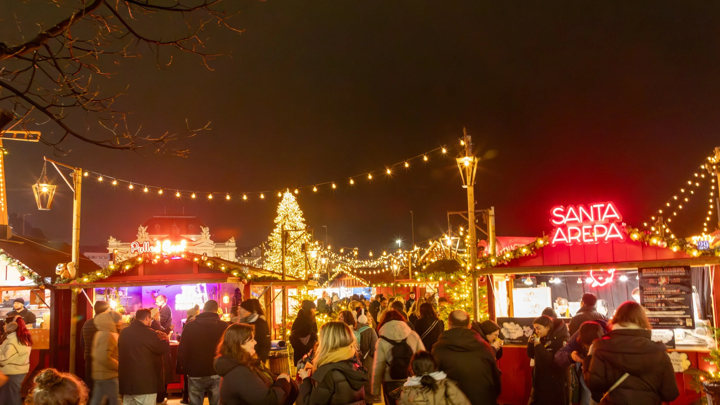  The Wienachtsdorf village market on Sechseläutenplatz Square, famous for its large Christmas tree and extensive collection of stalls 