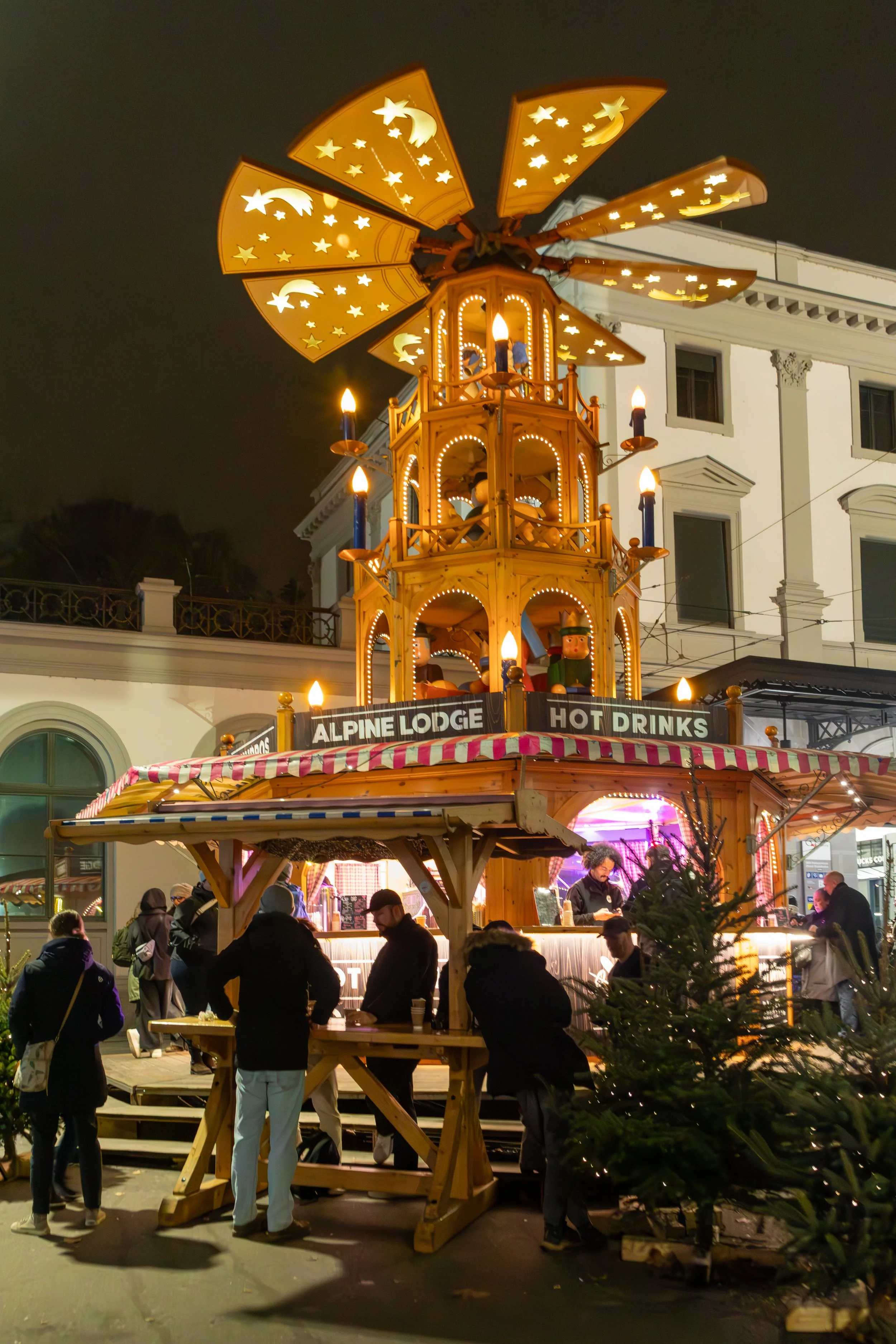  Everywhere you turn in the old town, there are market-themed stalls, including this Christmas pyramid hot drink stall, outside the railway station 