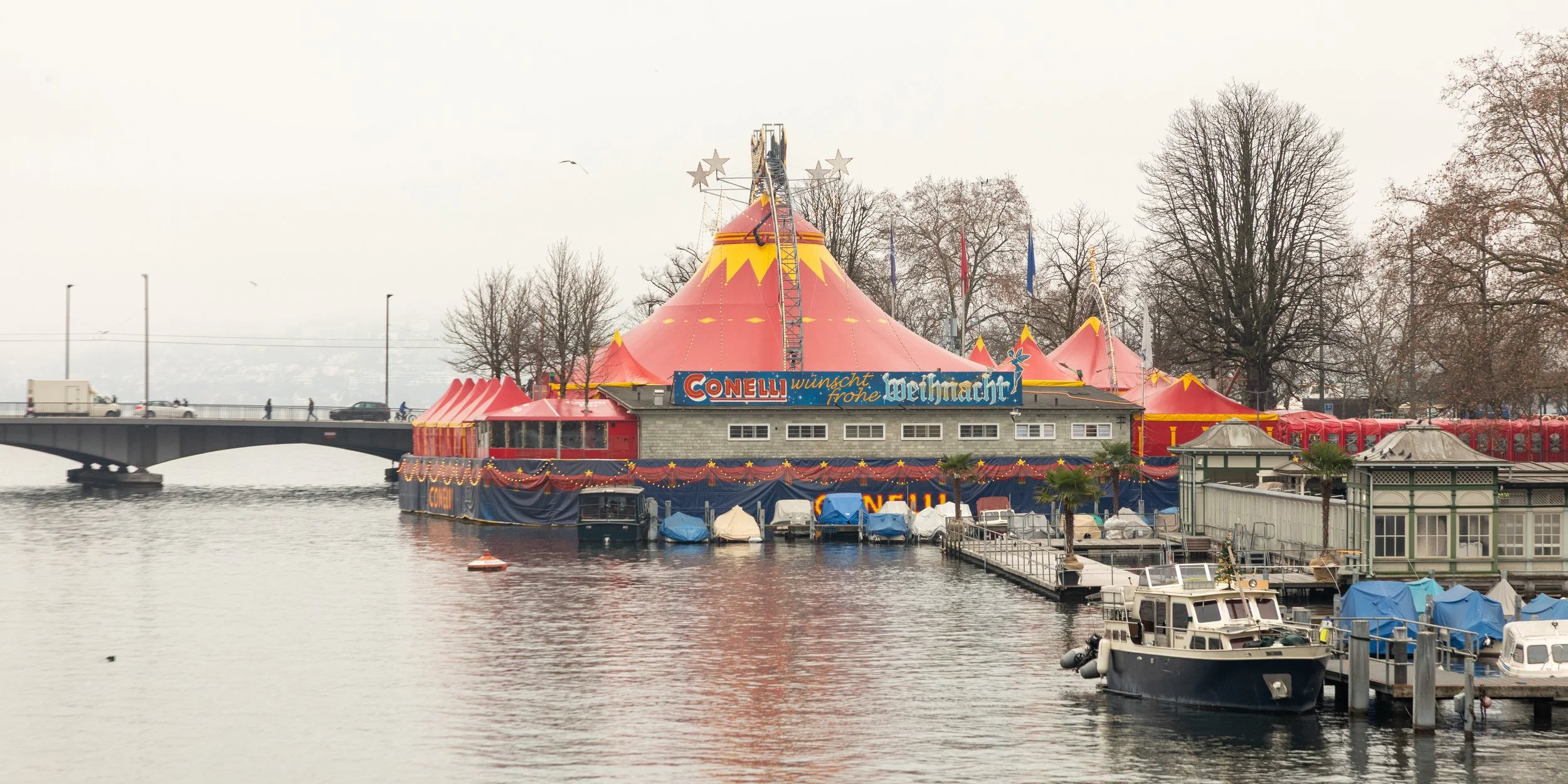  Looking towards a circus setup where the river meets Lake Zurich  