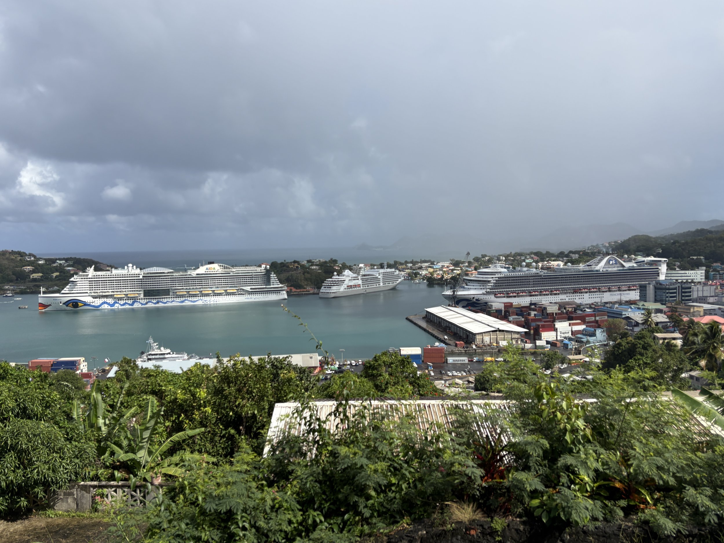  Rodney Bay, lousy with cruise ships towering over Castries’s downtown 