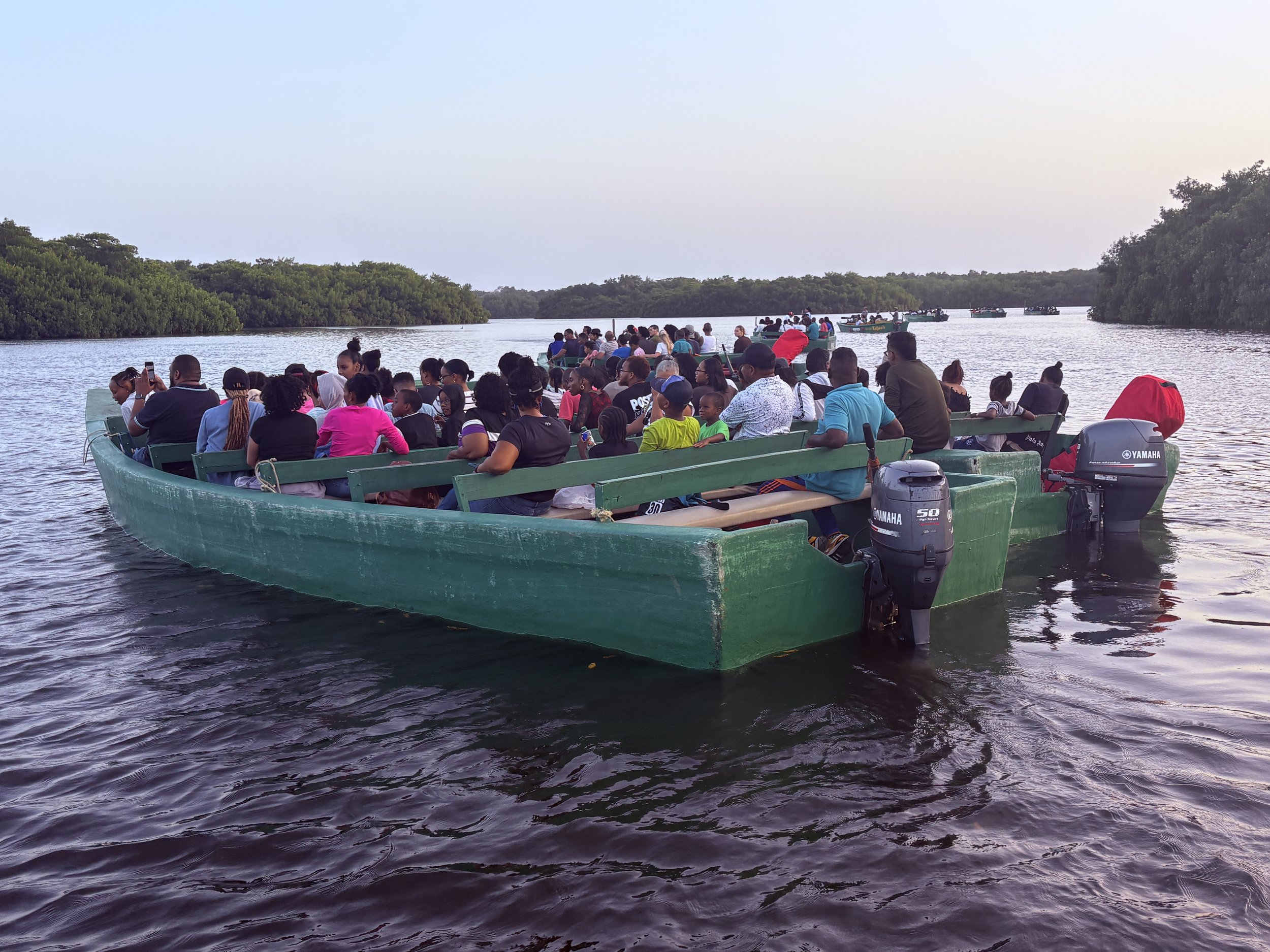  Tied up with all the other tour boats, we all wait for sunset and the flocks of red ibis 