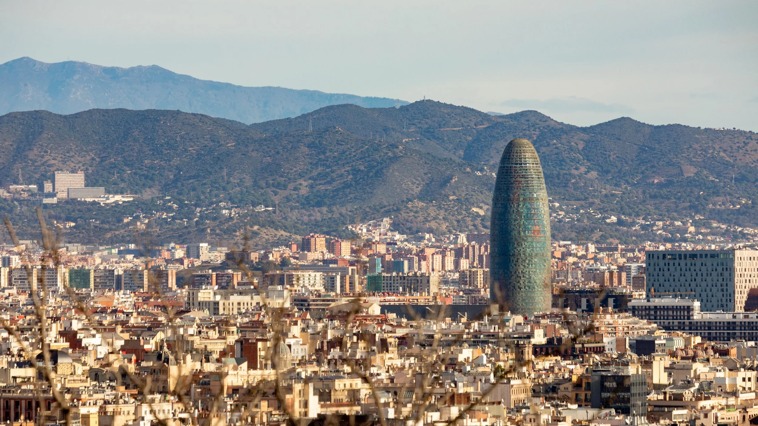  Looking further south, the Torre Glòries, formerly known as Torre Agbar, a 38-story gherkin-like skyscraper, stands out from the older architecture 