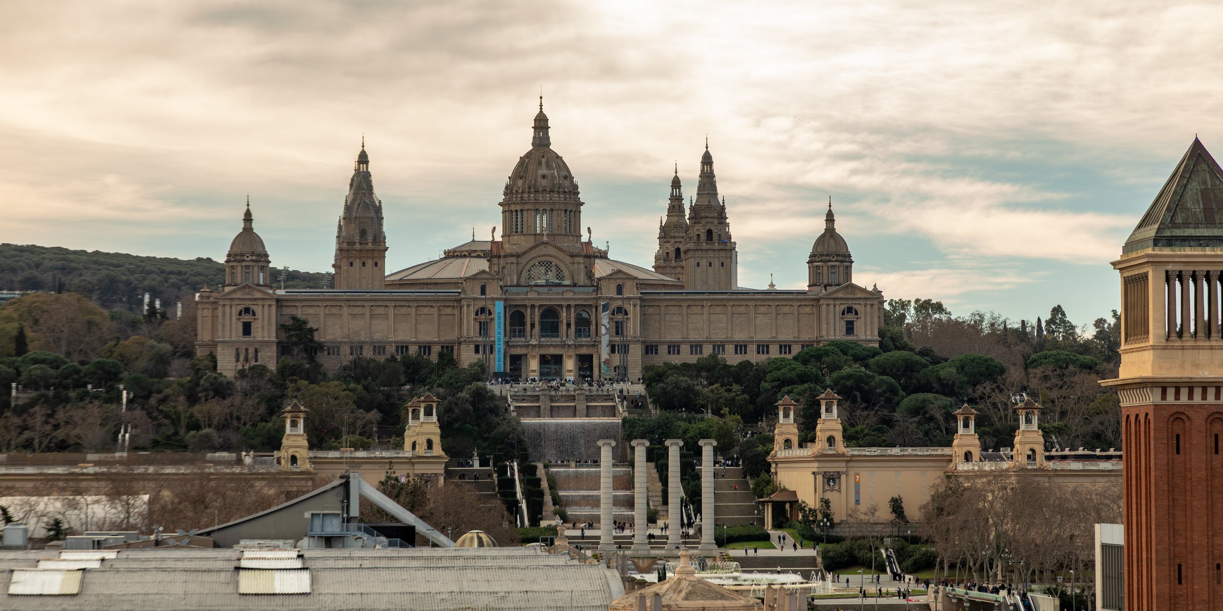  From the rooftop of Arenas de Barcelona, looking back up to the Montjuïc where we started our walk  