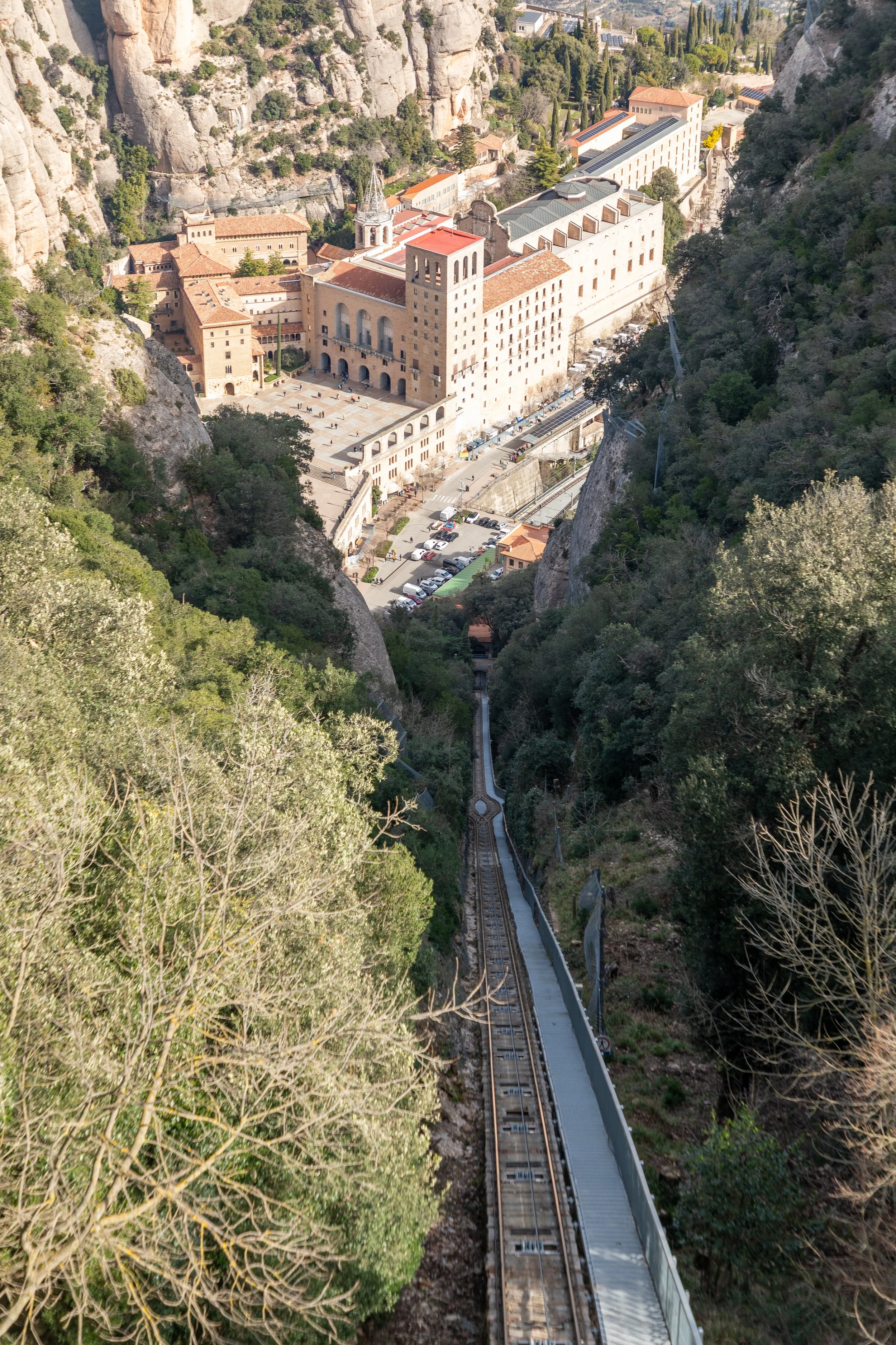  Looking down 250m below to the Montserrat Basilica from the top of the funicular 
