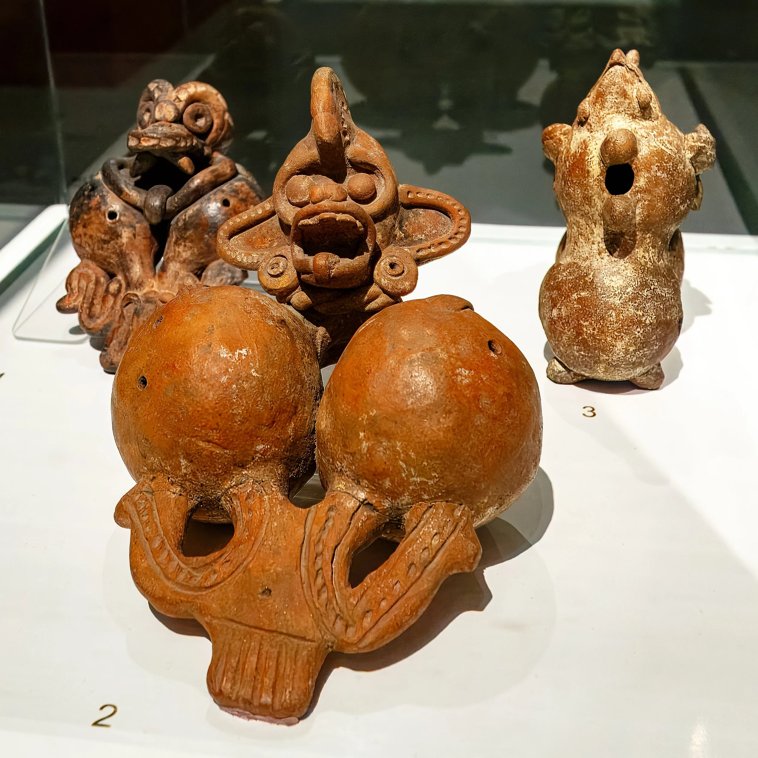  Ancient Pre-Columbian pottery whistles and aerophones, sophisticated ceramic musical instruments used for spiritual ceremonies, warfare, signaling, and mimicking natural animal sounds 