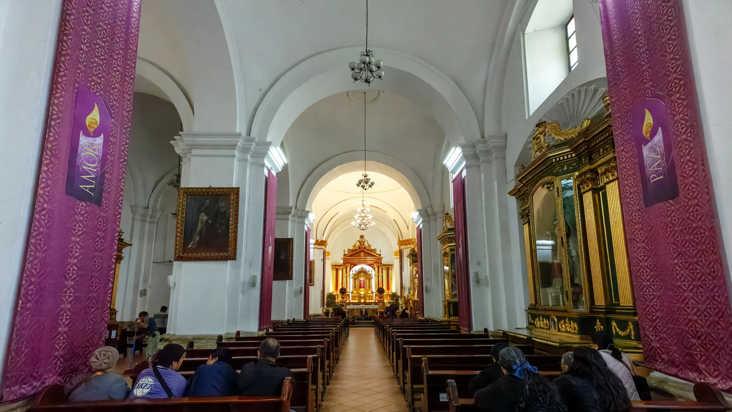  Interior of the church, with the purple flags for Easter  
