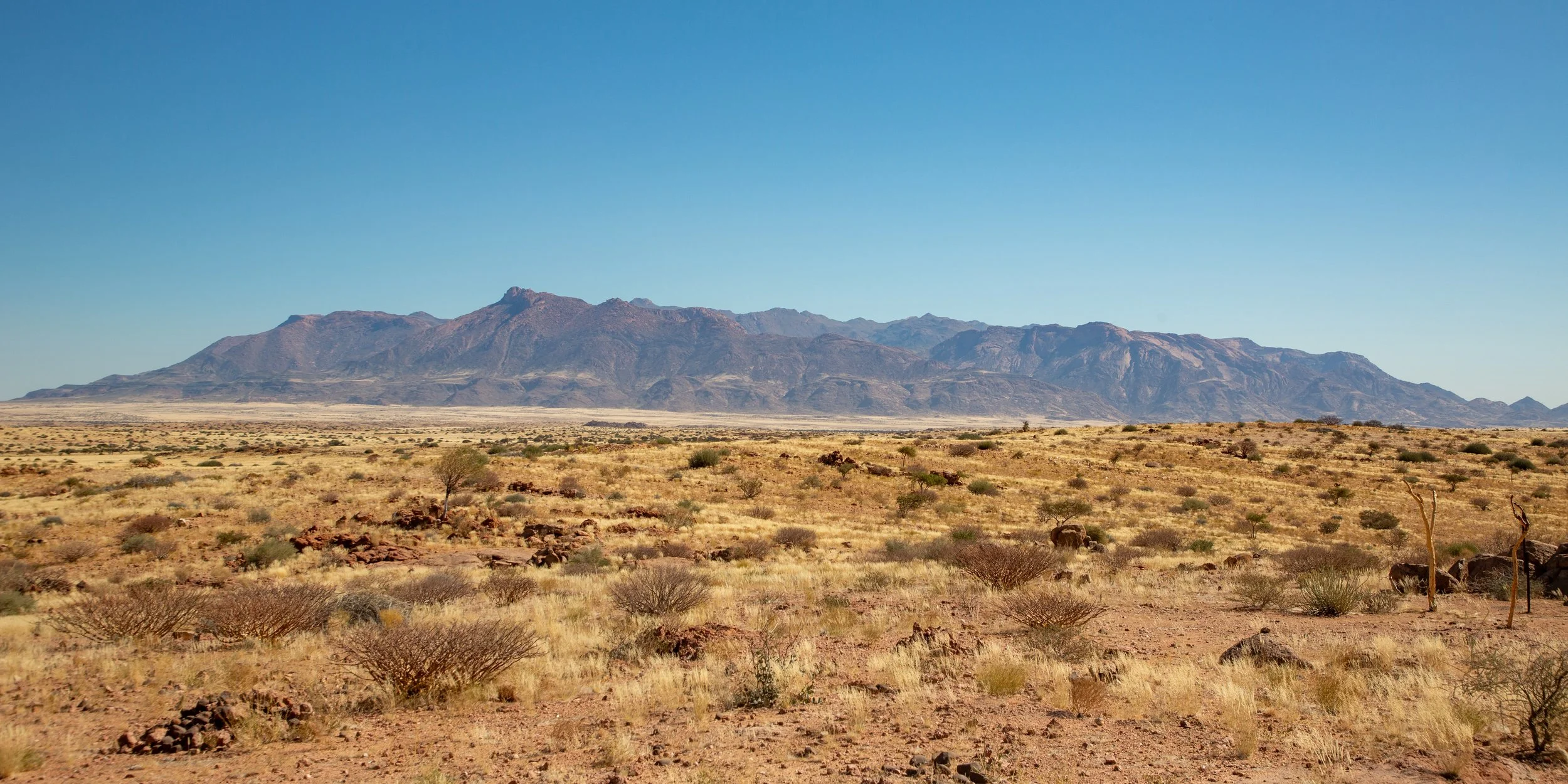  Some anthills break up the dry desert terrain leading to the mountains 