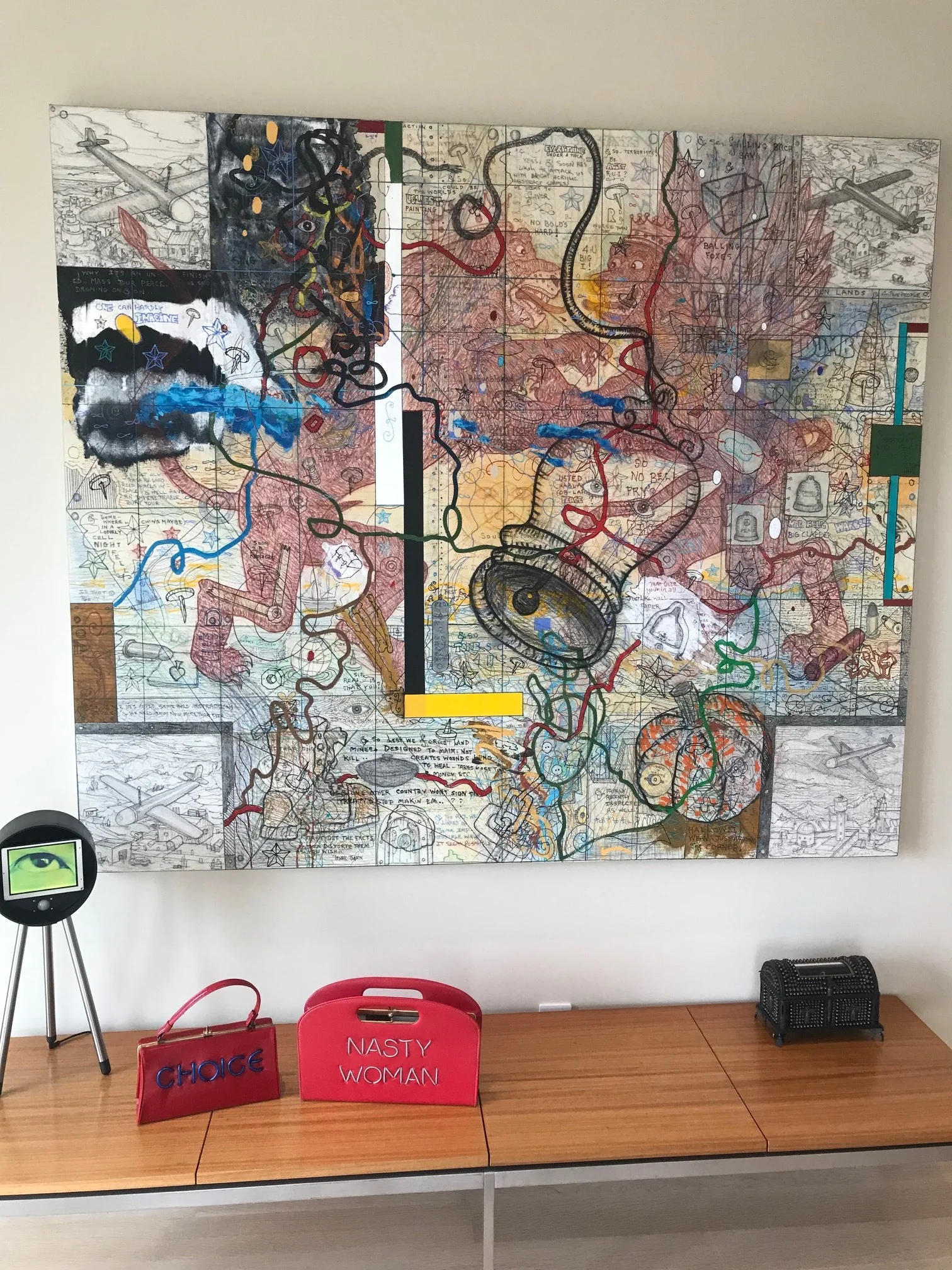 William T. Wiley, No Bell Prys for Peace with Predator Drone, 2010. Michele Pred, Power of the Purse, 2018