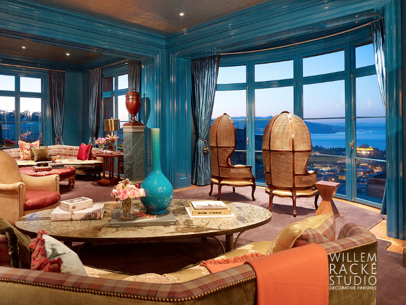 Willem Racké Studio lacquered the walls turquoise in the Pacific Heights salon designed by Ken Fulk.