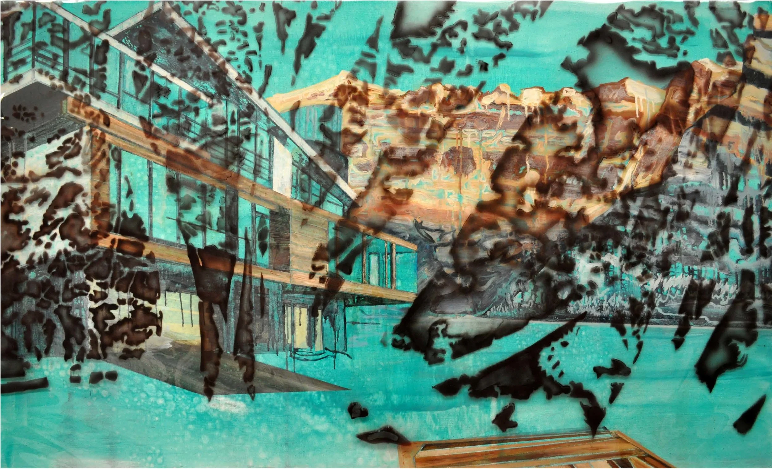   Burnt Forest/Mountain Crib   Oil and duralar on canvas 40” x 60” 