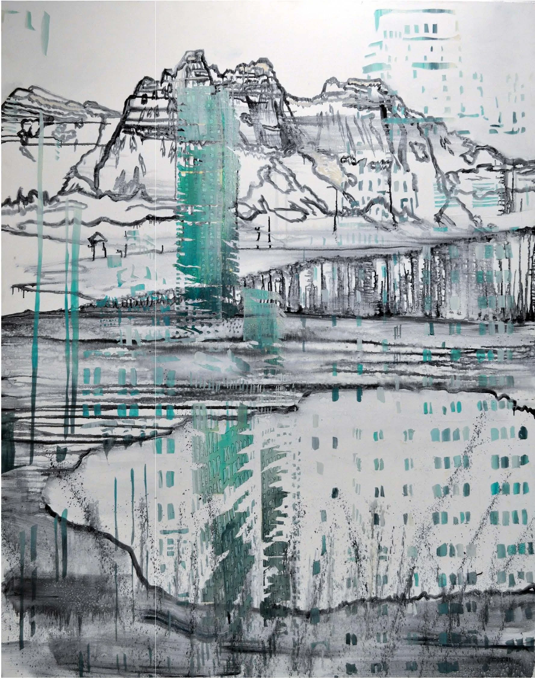   Delirious Wall St/Mountains Beyond Mountains   Oil and tape on canvas 77” x 55” 