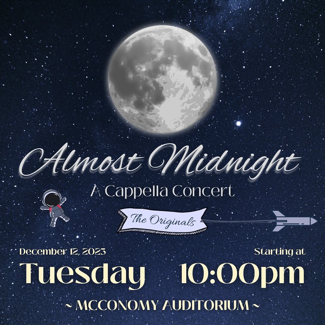 Stress over finals ❌ Jam out with the lively a cappella groups of CMU ✅ Come see us close out the semester with our performance at the Almost Midnight concert!! We guarantee you&rsquo;ll have a blast 🎉. 

Show starts Tuesday, Dec. 12 @ 10pm! Buy you