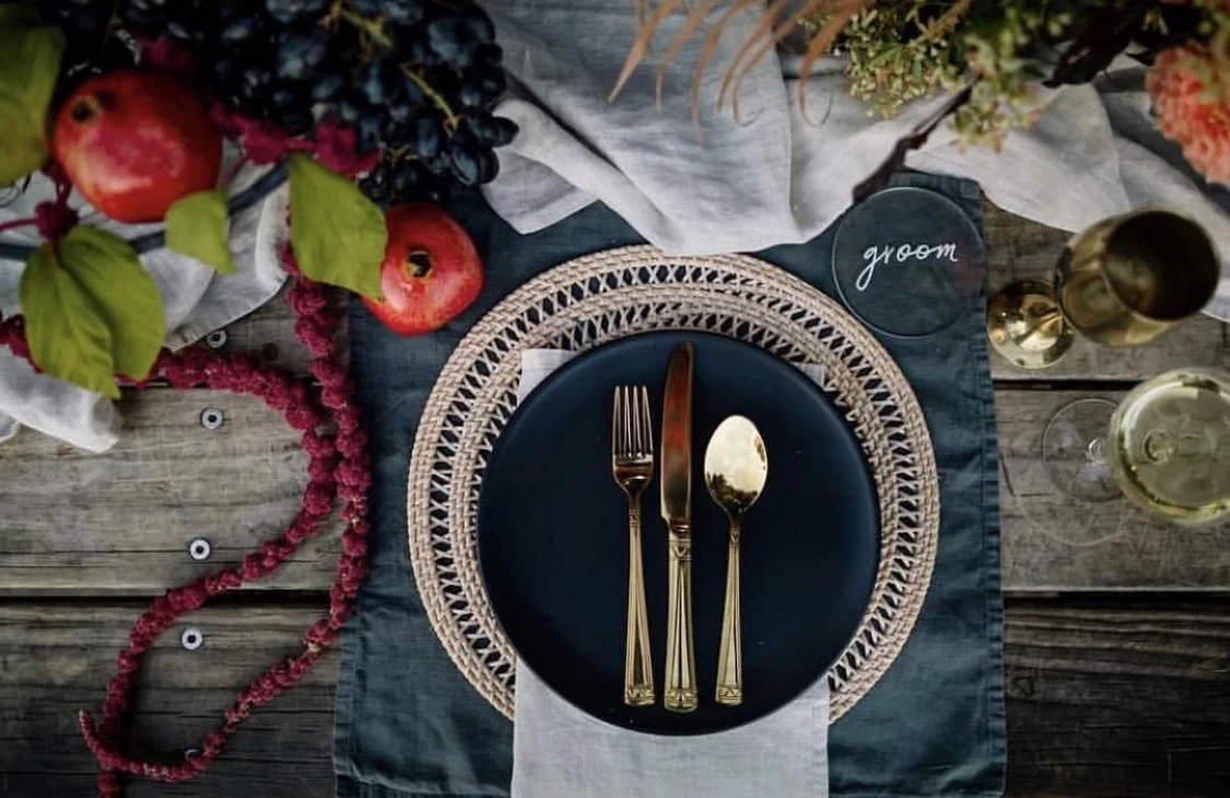 Our Slate Grey Napkins as placemats, Natural Napkins and Natural Runners. Styling by The White Wedding Club and Wild and Whim , Florals by On My Hand , Coaster by Paper Darling , image by The Official Photographers .