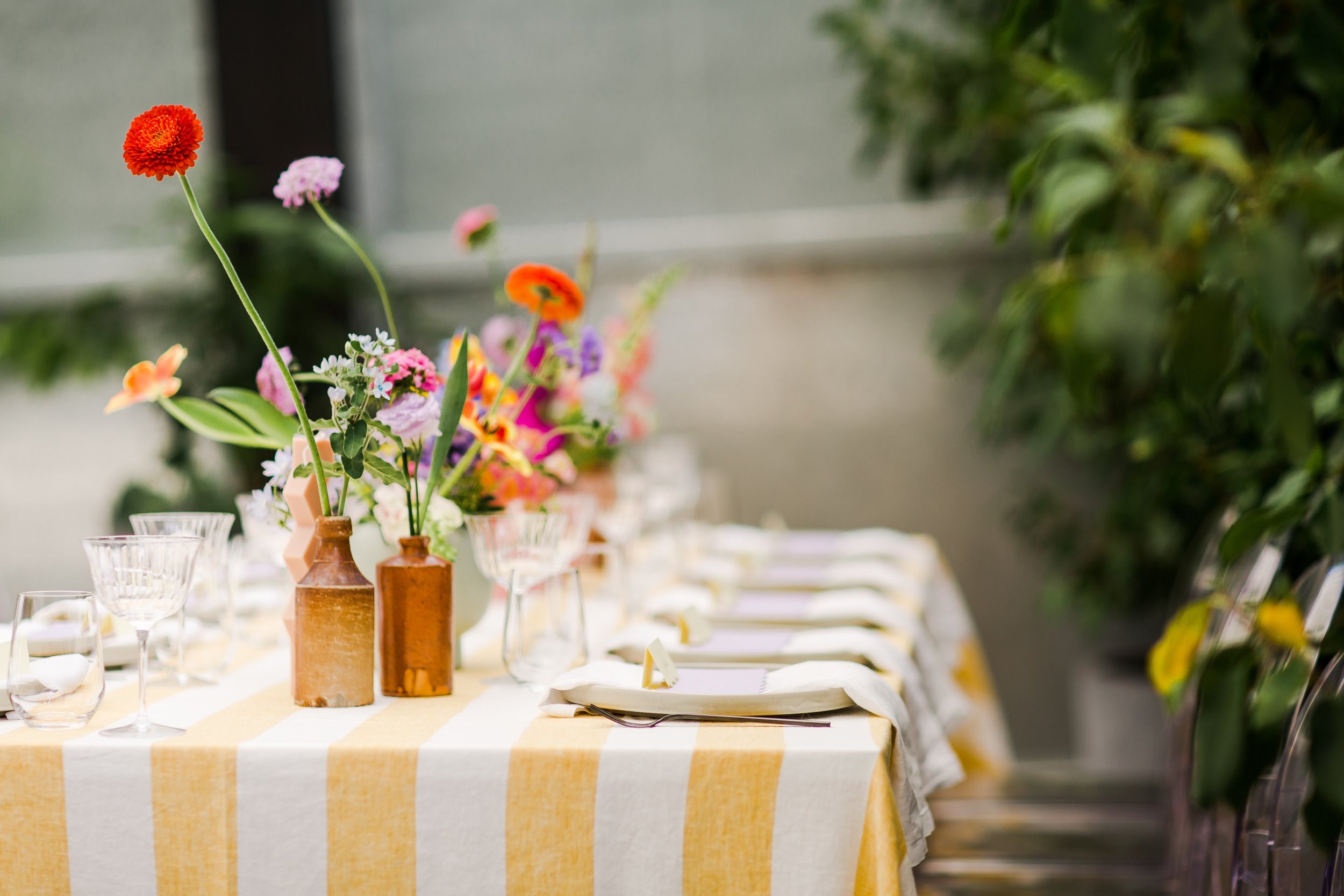 Beeswax stripe tablecloths with white napkins
