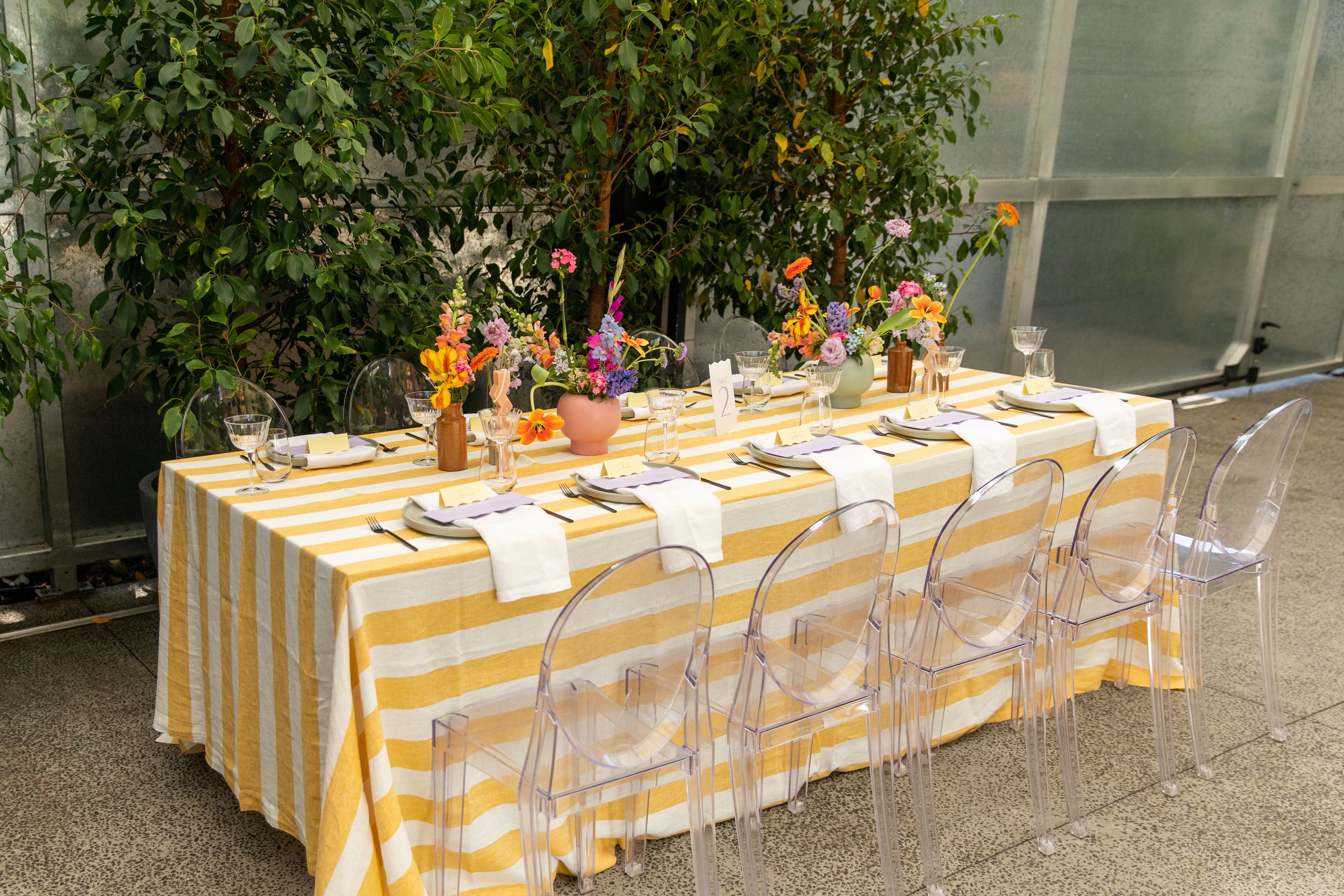 Beeswax striped tablecloth with white napkins