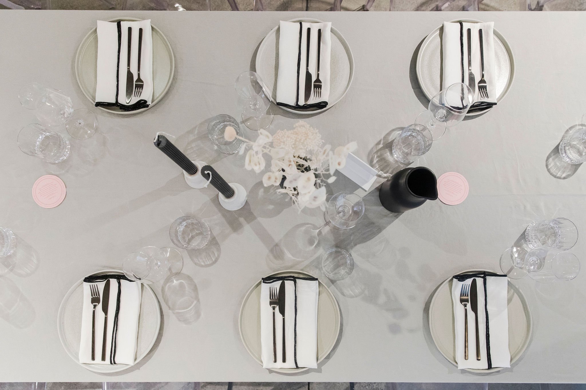 White Tablecloth with White and Black Contrast Napkins 