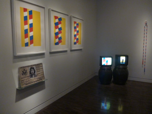 Proximities 3, Amanda Curreri, including (top left) “Double Barbershop Poles (Masked, Unmasked, and Askew)” (2011) and (bottom left) “Identity and Privilege Card, Expired” (2011)