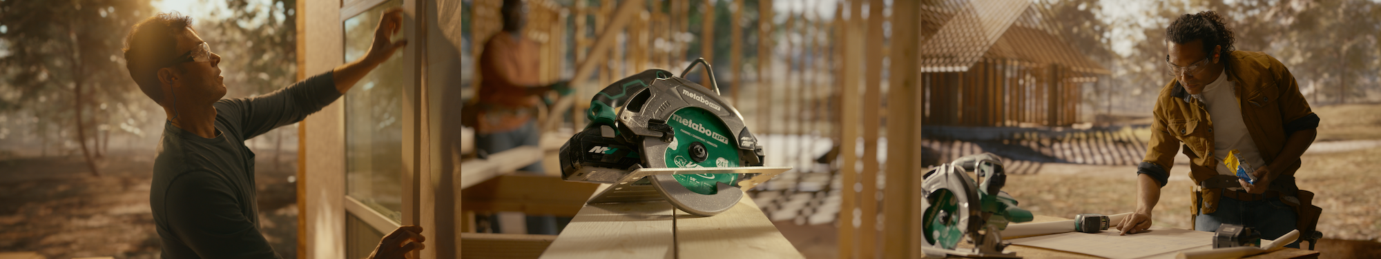 Metabo HPT tools campaign: a builder fitting a window frame, a cordless circular saw cutting lumber, and a carpenter at a miter saw on a jobsite at golden hour. Cinematography by Mick Hawkins.