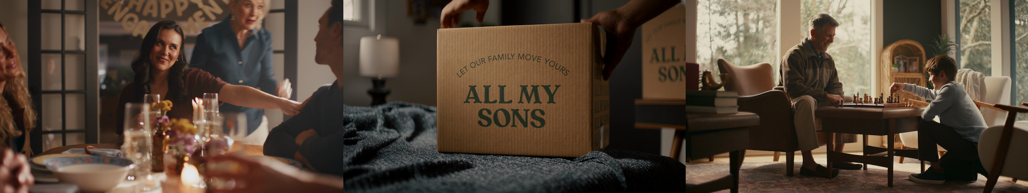 All My Sons Moving & Storage commercial: a woman greeting family at a dinner table, a mover carrying an All My Sons box, and two men playing chess in a sunlit room. Cinematography by Mick Hawkins.