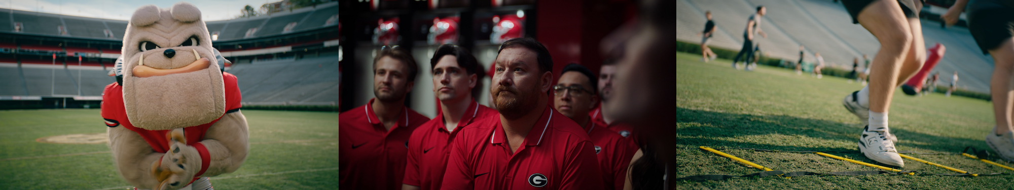 Hoffman Financial Group spot: a college mascot on the field, coaches in red on the sideline, and an athlete running an agility ladder drill. Cinematography by Mick Hawkins.