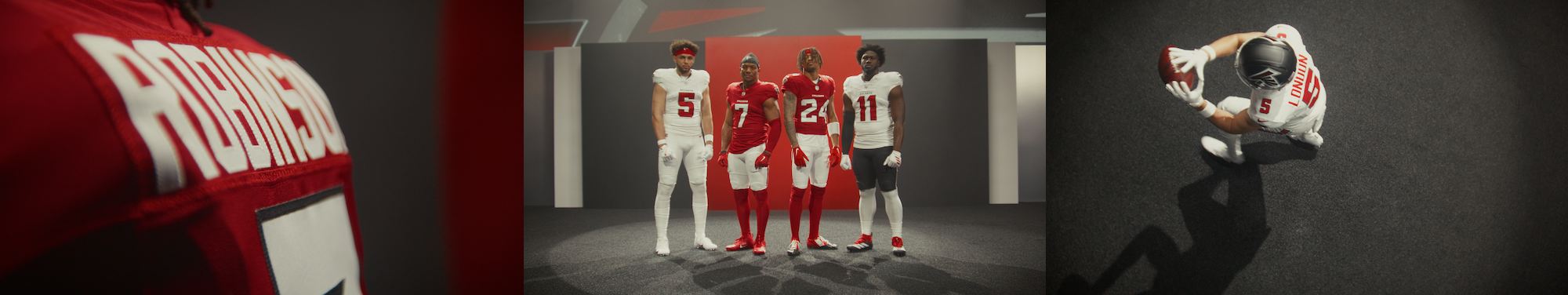 Atlanta Falcons uniform reveal: a red Robinson jersey, four players in the new uniforms, and an overhead shot of a receiver making a catch. Cinematography by Mick Hawkins.