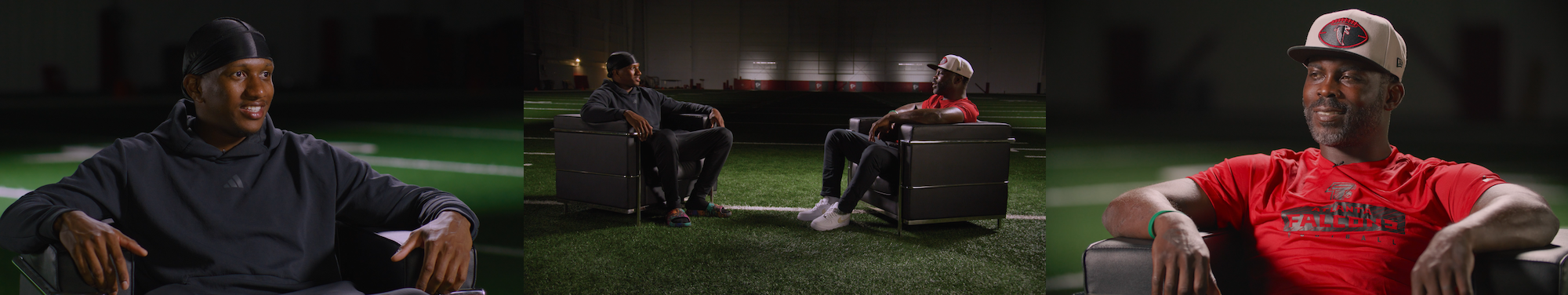 Michael Vick and Michael Penix Jr. interview feature for the Atlanta Falcons: two quarterbacks seated in armchairs on an indoor practice field. Cinematography by Mick Hawkins.