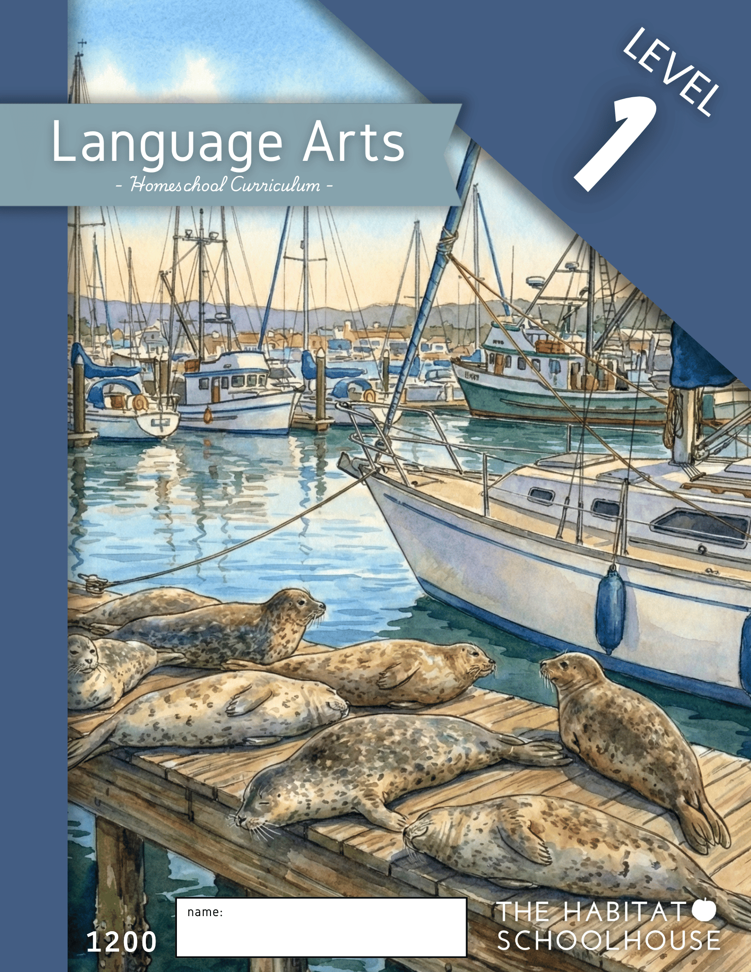 Illustration of a marina with boats docked in water, with seals resting on a wooden dock in the foreground