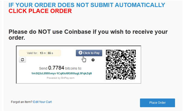 You are instructed to send X.XXXX bitcoins to a specific bitcoin address. This address is unique to your order. This allows the merchant to verify exactly when a payment is initiated. With these instructions, there are actually 3 different options you can take to send bitcoins depending on what kind of wallet you’re using. For information about wallets and bitcoin storage, check out our Bitcoin 101 course on Bitcoin Storage. Option 1 – Wallet is stored within a software client on your computer – For this option, simply send X.XXXX bitcoins to the bitcoin address listed. Option 2 – Wallet is stored on a mobile app on your phone – For this option, you can scan the QR code and send the proper amount of bitcoins. Option 3 – If you have an account with BitPay, you can click on the “Click to Pay” button and follow the instructions Once the transaction is sent out to the bitcoin network, Bitcoinstore.com will recognize it and automatically finalize the order.