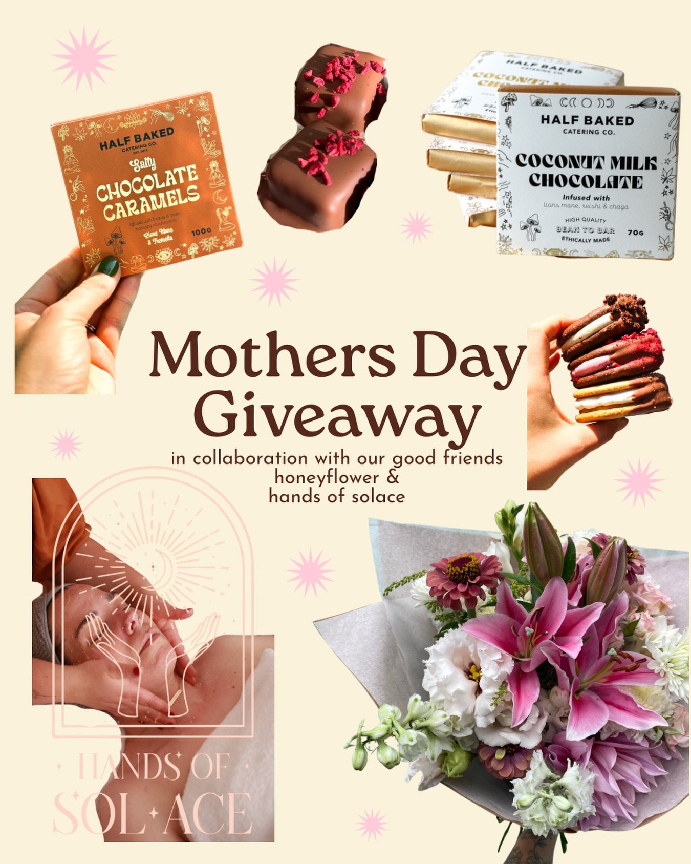 ✨ mothers day giveaway! ✨

we&rsquo;ve teamed up with some pretty cool peeps for this one 😍

@honeyflower bunch 💐
@handsofsol_ace 75min facial
@halfbakedcateringco chocolate, caramels and sammies!

to be in to win, tag whoever you want to gift this