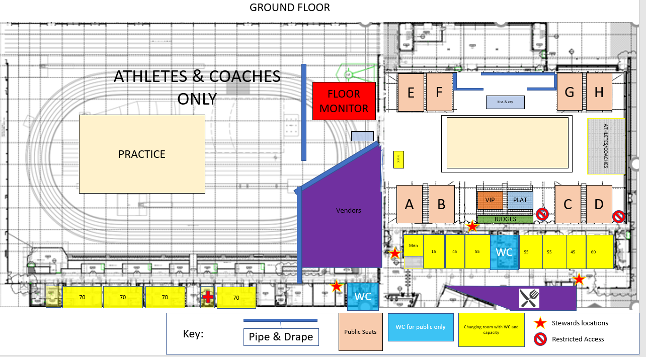 Proposed layout of the competition arena The judges seating will only be accessible by the judges and organising committee via separate stairs, and come with dedicated toilet facilities only a few meters away from the judging area, judges room and VIP room. Athletes take the floor directly from the practice gym area, with very easy access to the changing facilities. 11 of the changing rooms are very large and have their own WC and showers, the average size holding 70 people. There are also separate smaller male and female only overflow changing rooms also with WC/Shower.