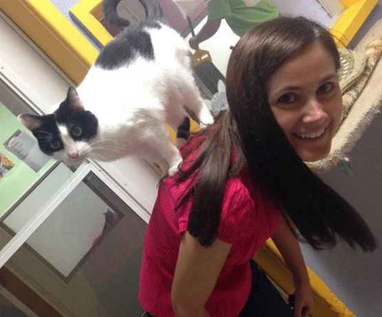 Oreo with Jeanette Skaluba at Homeward Bound Pet Shelter (HBPS).