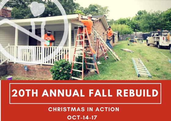 Join us for our 20th Annual Fall ReBuild on October 14, 2017. We will be repairing homes in the the areas of Fairforest, Arcadia, Whitney Heights and Southern Shops among others. Repairs range from painting to roof repairs. Sign up today by clicking the sign up link on the home page of our website or call our office at 864-576-7101. We encourage volunteers to sign up as a team with a skilled member who can lead and plan the project but also welcome individual volunteers and teams that do not wish to lead. Our sign up form will help us match you with a project based on your skills. Feel free to list any project preferences in the comment box. As Christmas In Action celebrates 20 years of home repair projects, we hope you will be a part of creating more secure housing for our neighbors in need.