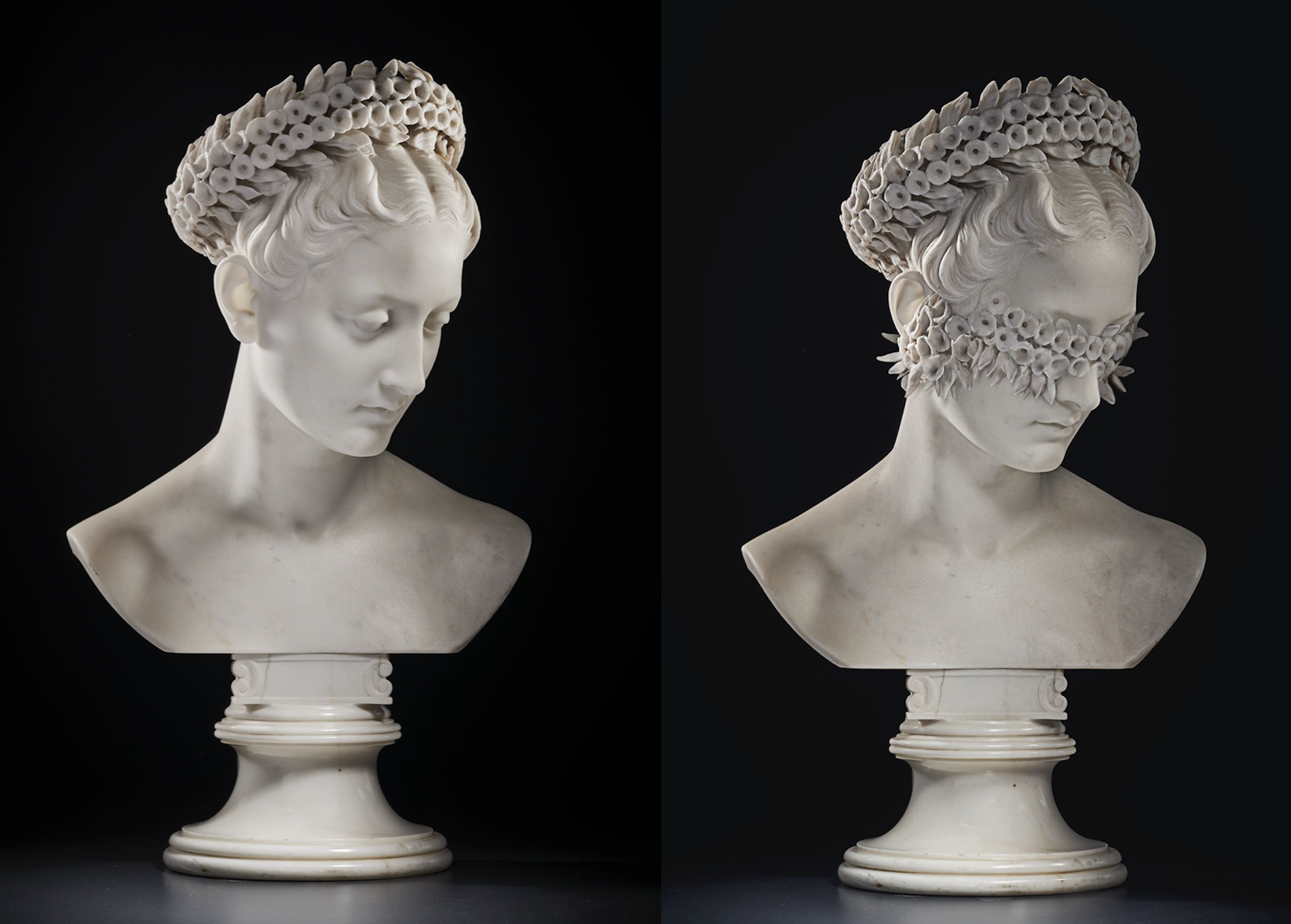 Left: Christian Daniel Rauch (Arolsen 1777-1857 Dresden), Circa 1835-1839 Bust of Luise Engel as Flora. Marble; on a circular marble socle 21½ x 12 x 6 in. (54.6 x 30.5 x 15.2 cm. )$30,000-50,000 Christies NYC.Right: Volker Hermes Hidden Rauch. Phot…