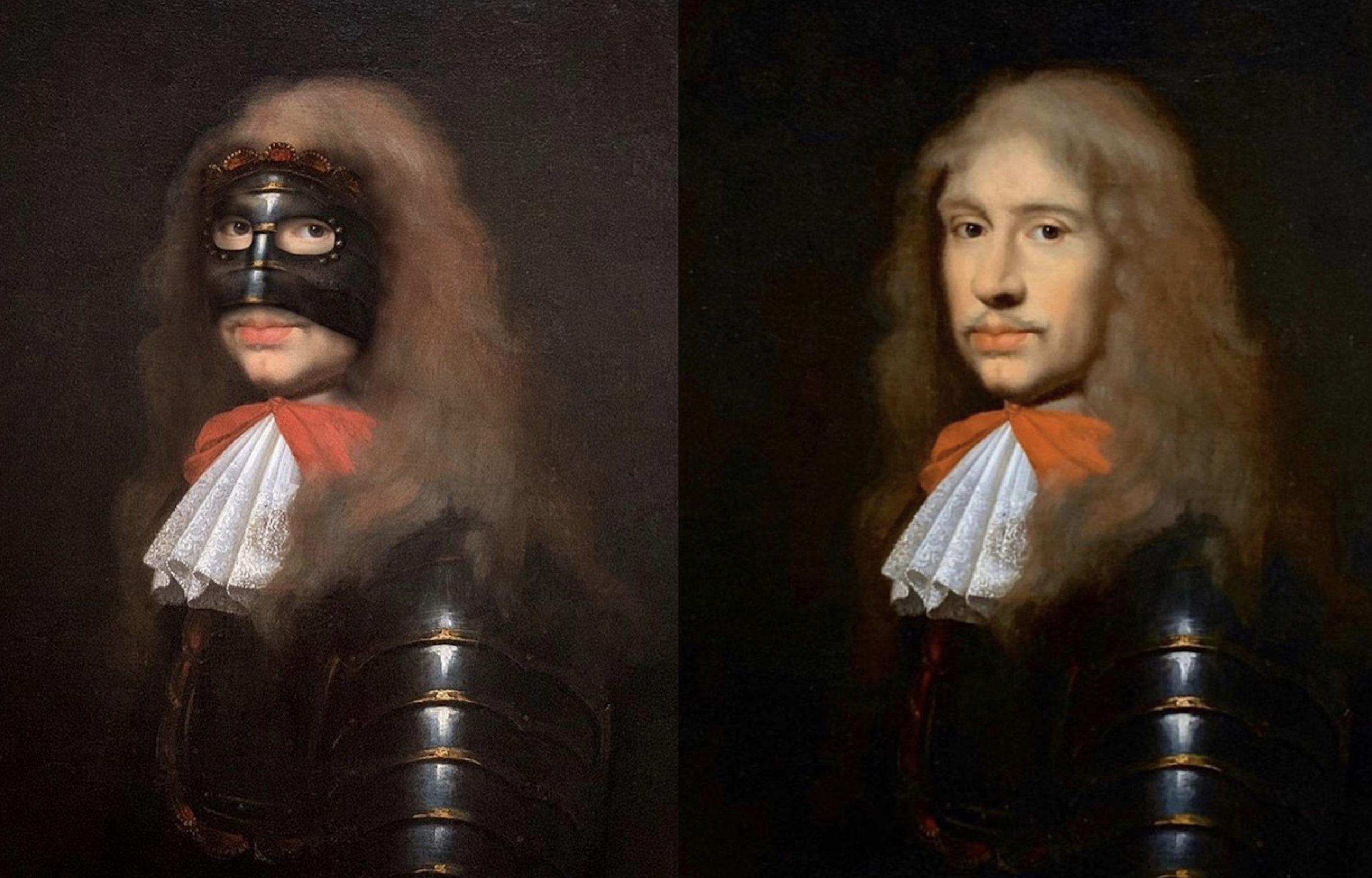 Left: Hidden Boguslas Photocollage 2020. Right: Original artwork Period Portraits, now sold.