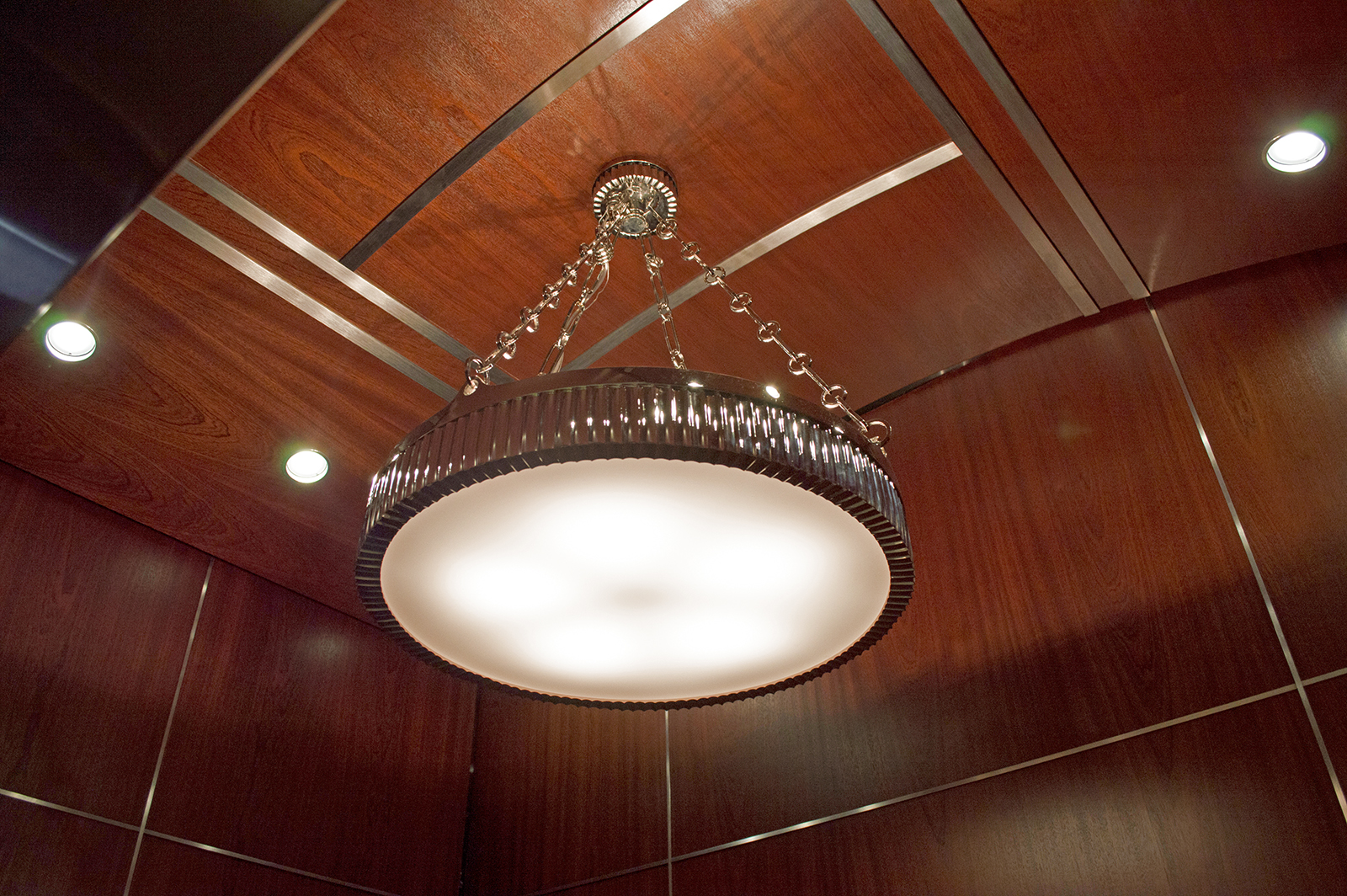 Top Ceiling: Refinished existing wood and installed Stainless Steel #4 inlays.