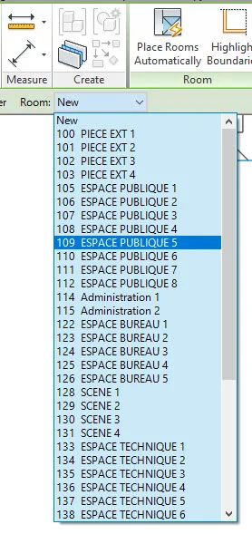 Au lieu de créer les pièces une par une, ils sont maintenant disponible dans la liste Revit.