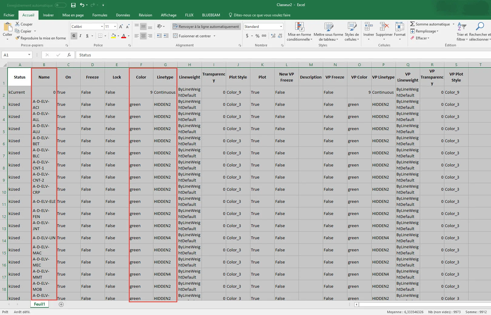 Dans un nouveau fichier Excel, faire seulement coller. Nous allons utiliser seulement les colonnes de nom, color et linetype .