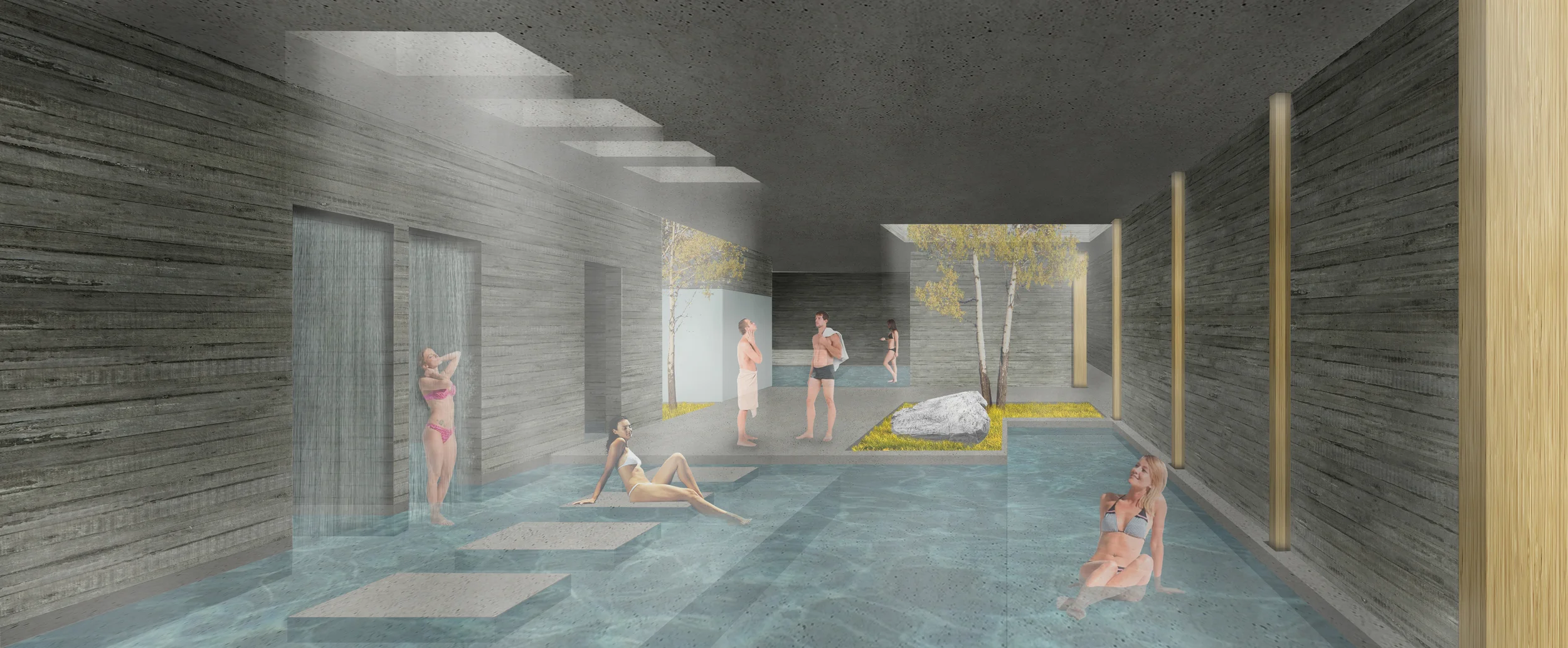  POOLS: Lightwells allow daylight to penetrate the roof into the large pool space.&nbsp;  Slivers are carved our of masonry exterior walls, framing view of aspens. 