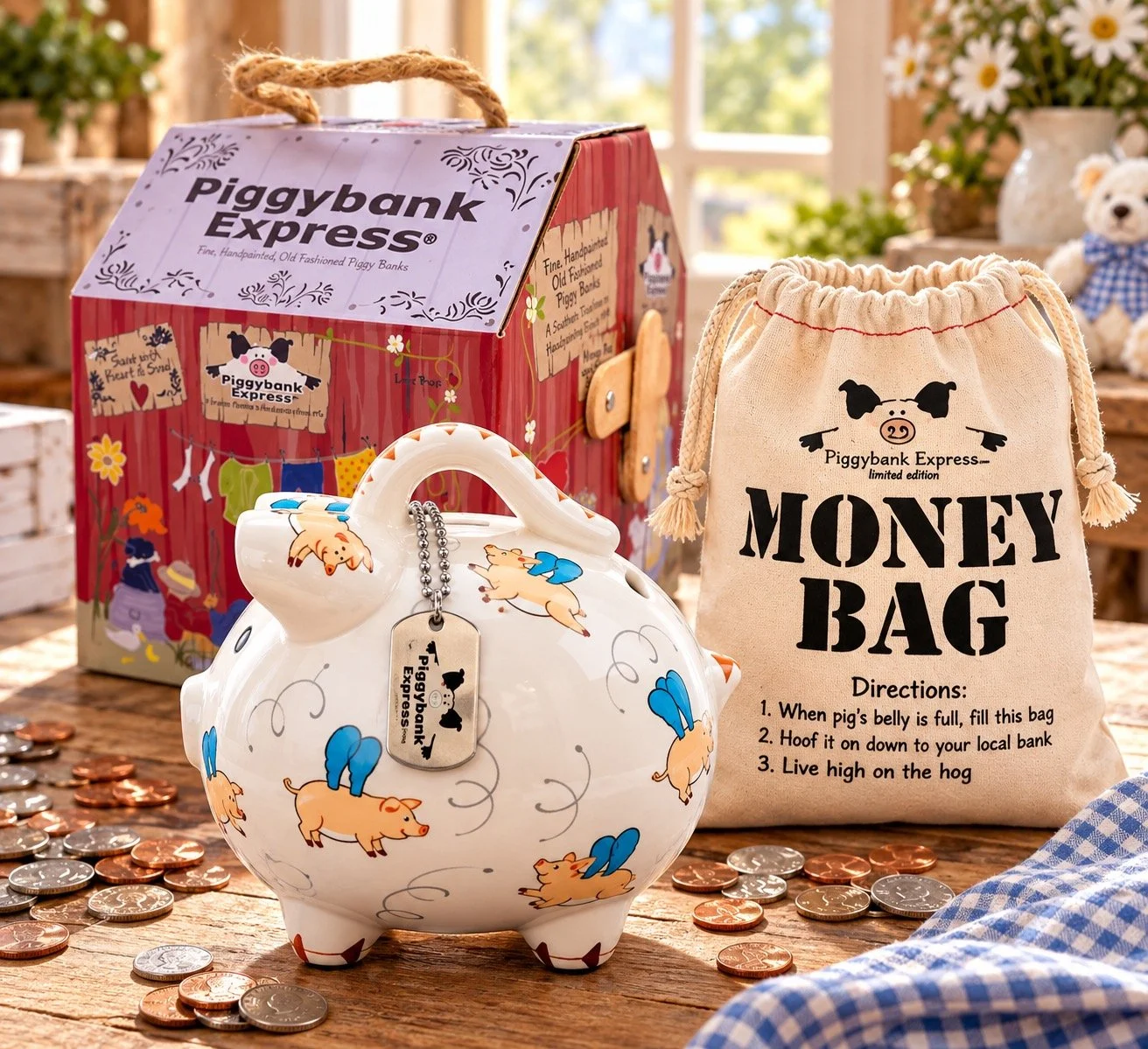 When pigs fly Piggybank from Piggybank Express, including the personalized tag, money bag, and barn packaging