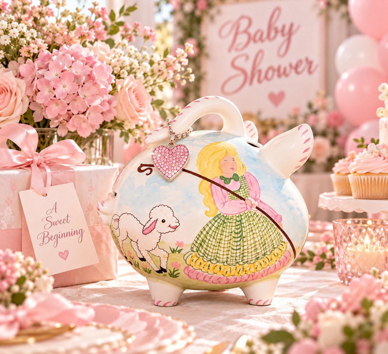 Little Bo Peep handcrafted ceramic piggy bank with pink sparkly heart tag displayed at a pink baby shower with flowers, gifts and cupcakes.