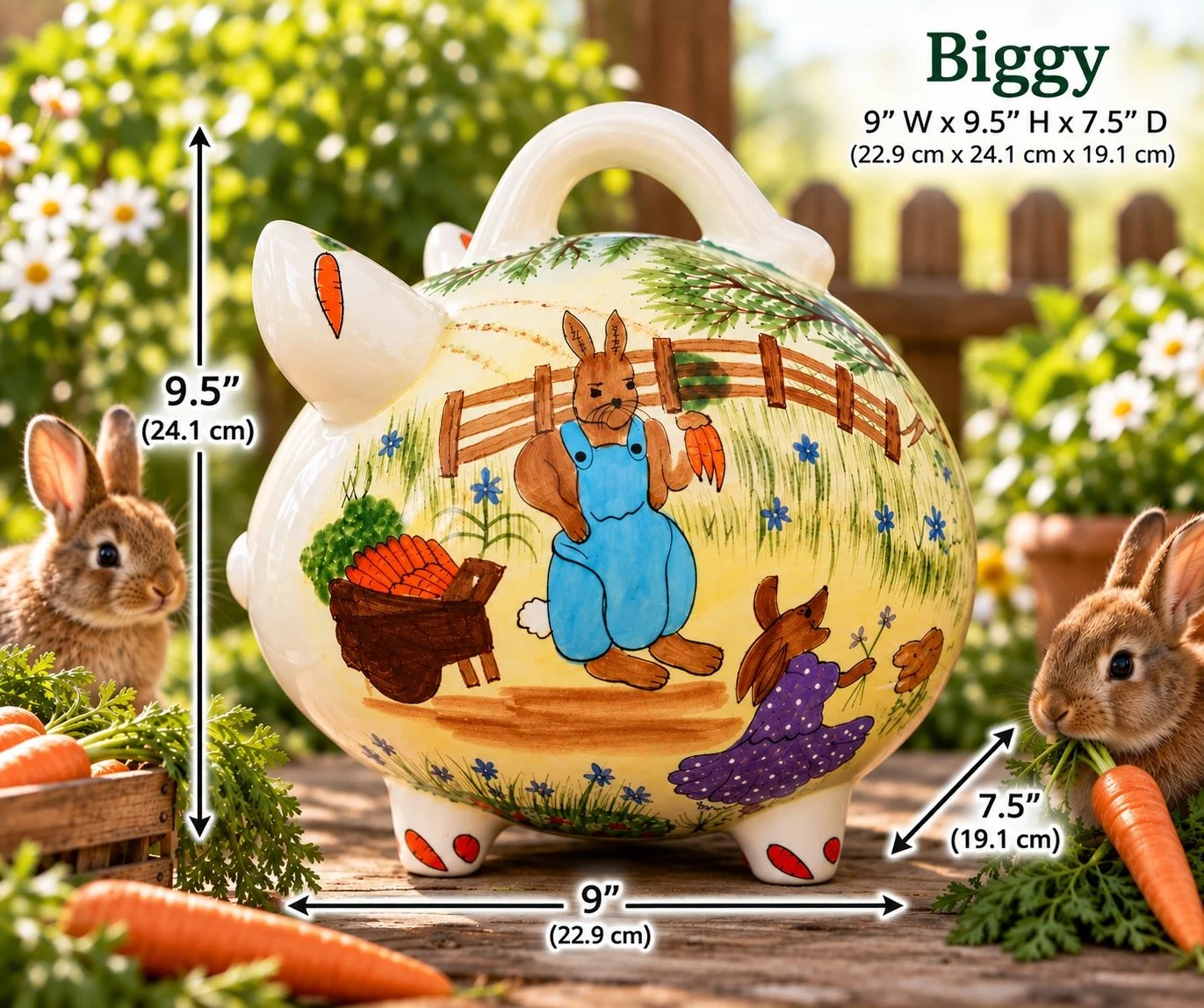 Biggy Country Bunnies ceramic piggy bank with hand-painted bunny and carrot artwork, shown with 9-inch width, 9.5-inch height and 7.5-inch depth.