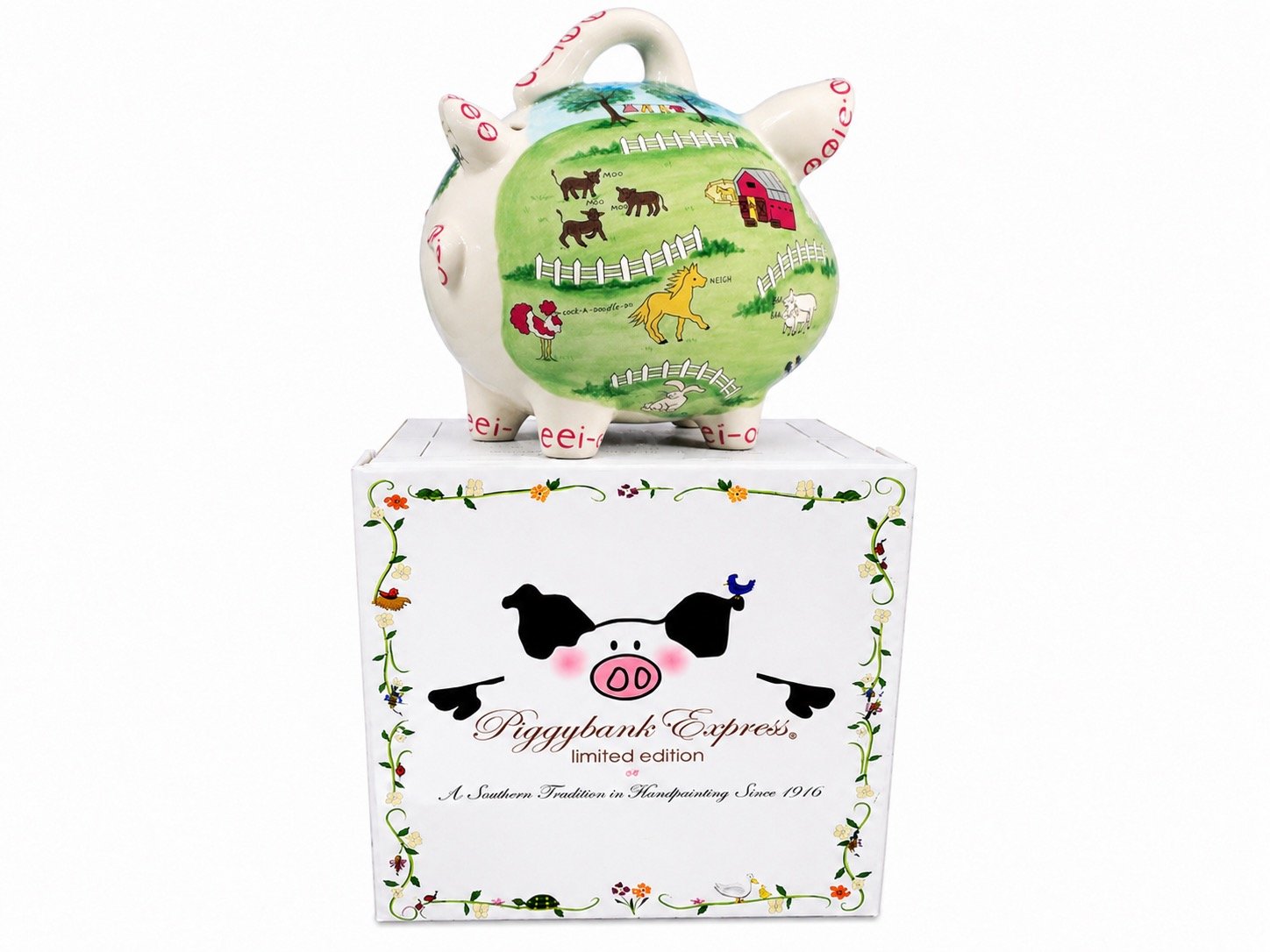 Old Macdonald Farm Piggybank, sitting on top of Piggybank Express white box