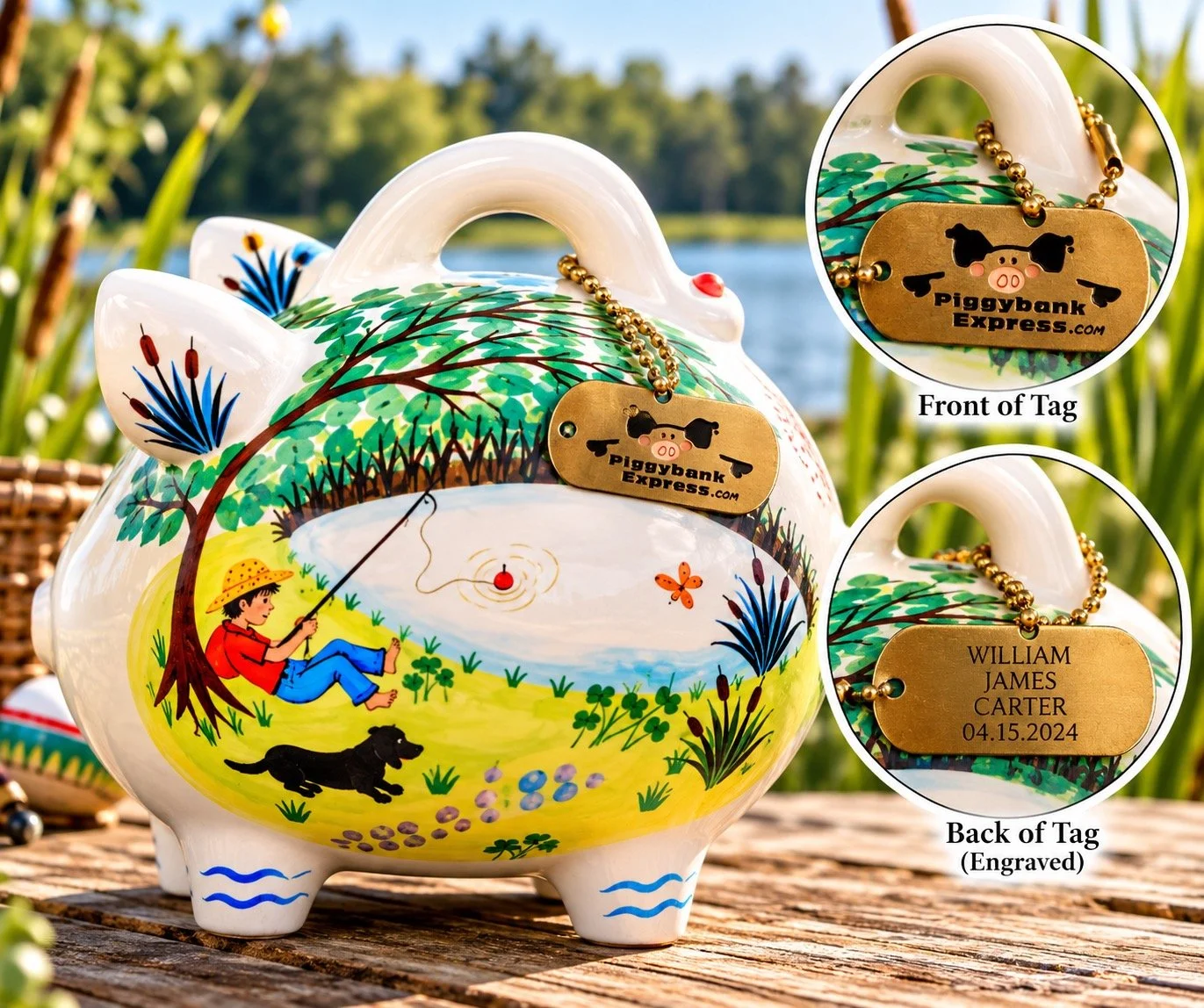 Hand-crafted Gone Fishing ceramic piggy bank displayed outdoors by a peaceful lake with cattails, featuring personalized PiggyBank Express keepsake tags hanging from the handle.