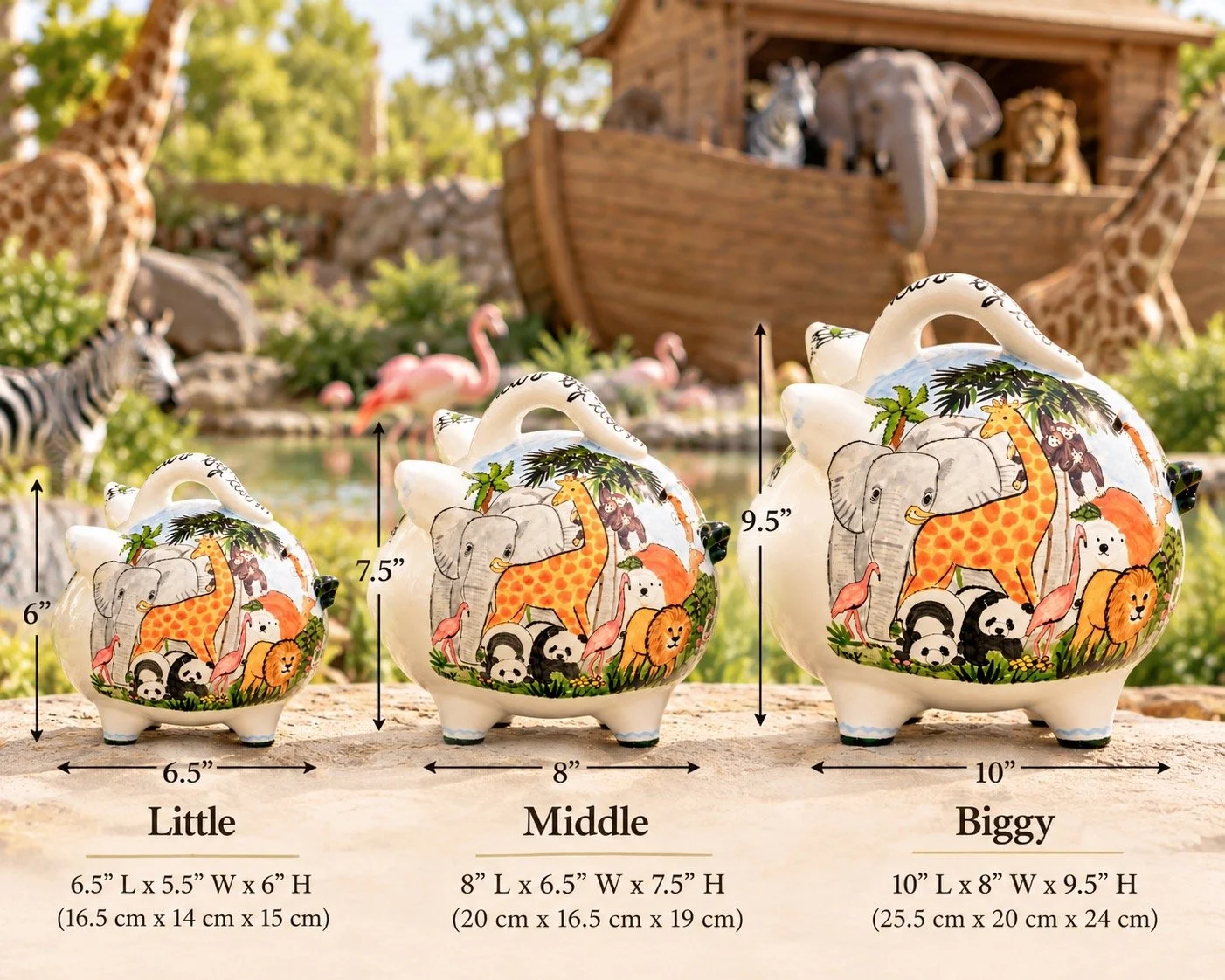 Three sizes of hand-painted Noah’s Ark ceramic piggy banks—Little, Middle, and Biggy—with size dimensions displayed, featuring colorful elephants, giraffes, pandas, flamingos, monkeys, and lions.