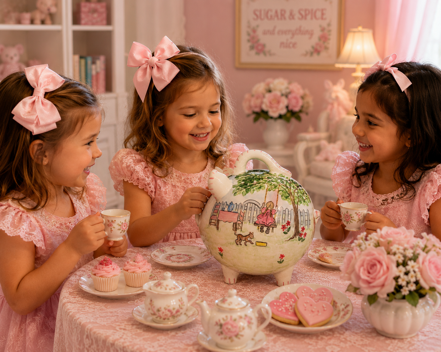 Little girls at tea party with pink piggy bank