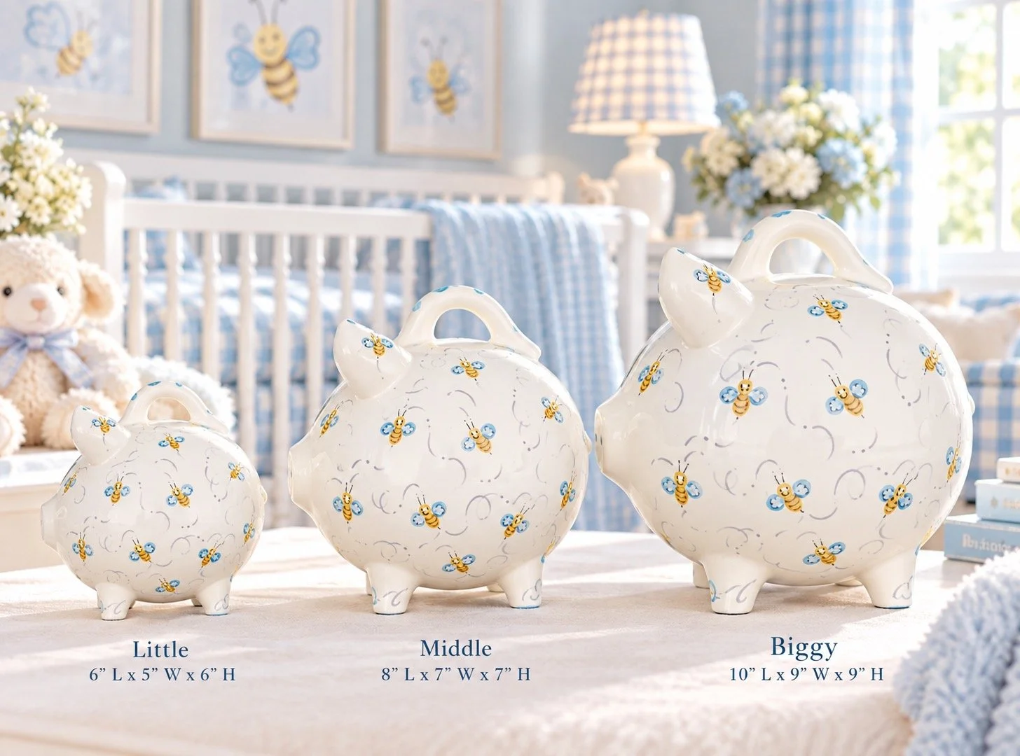 Blue Beez handcrafted ceramic piggy banks shown in Little, Middle, and Biggy sizes in a bright blue-and-white baby nursery.