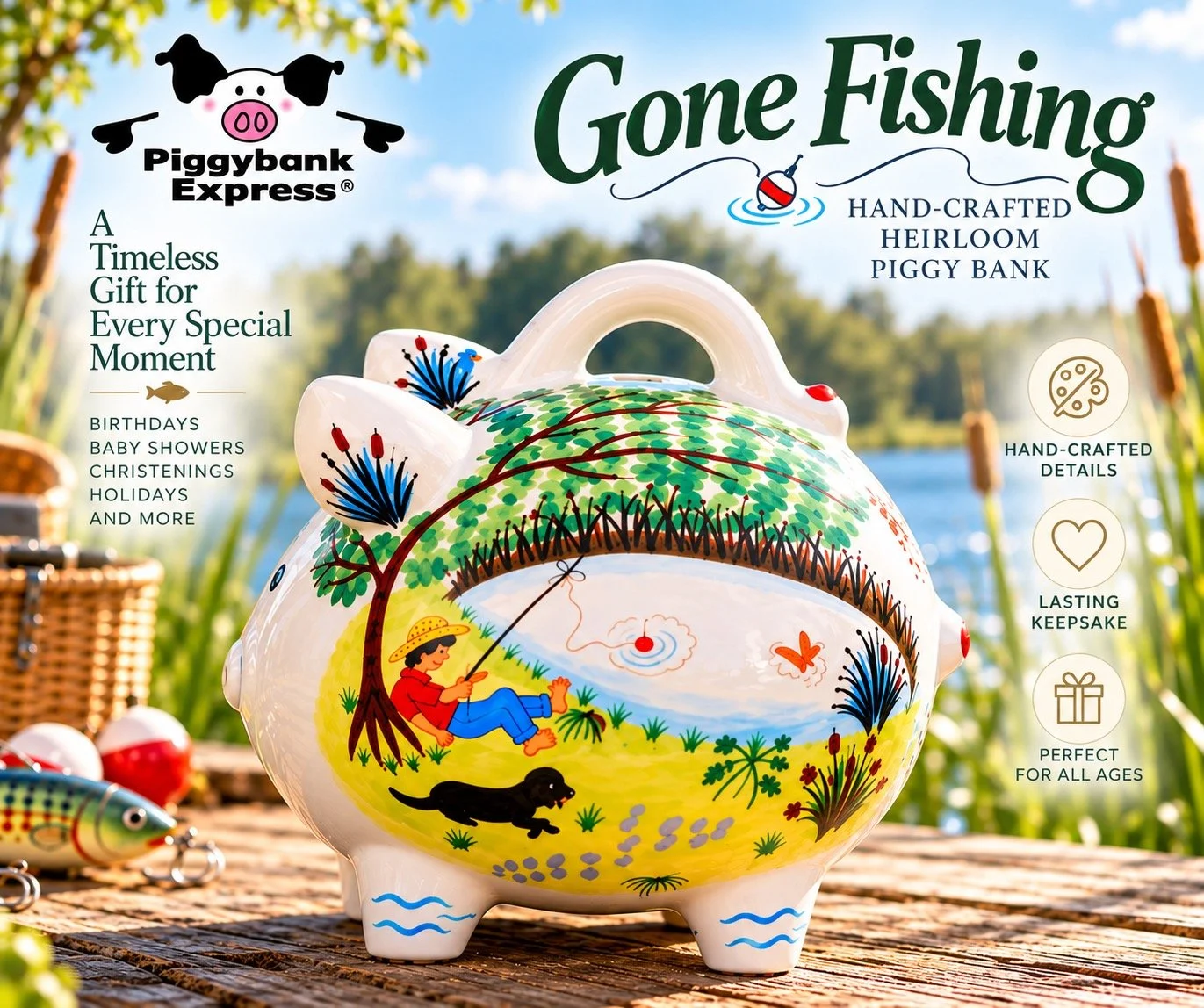 Hand-crafted Gone Fishing ceramic piggy bank featuring a colorful fishing scene with a little boy and dog by the water, displayed outdoors beside a lake.