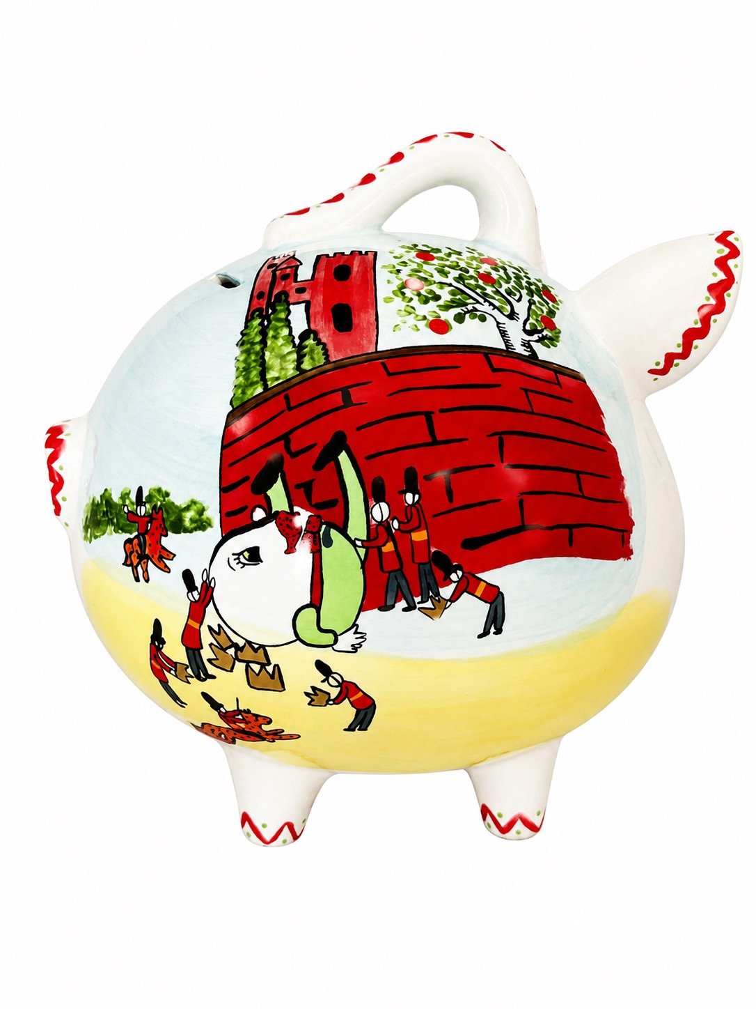 Humpty Dumpty ceramic piggy bank featuring whimsical hand-painted nursery rhyme artwork.
