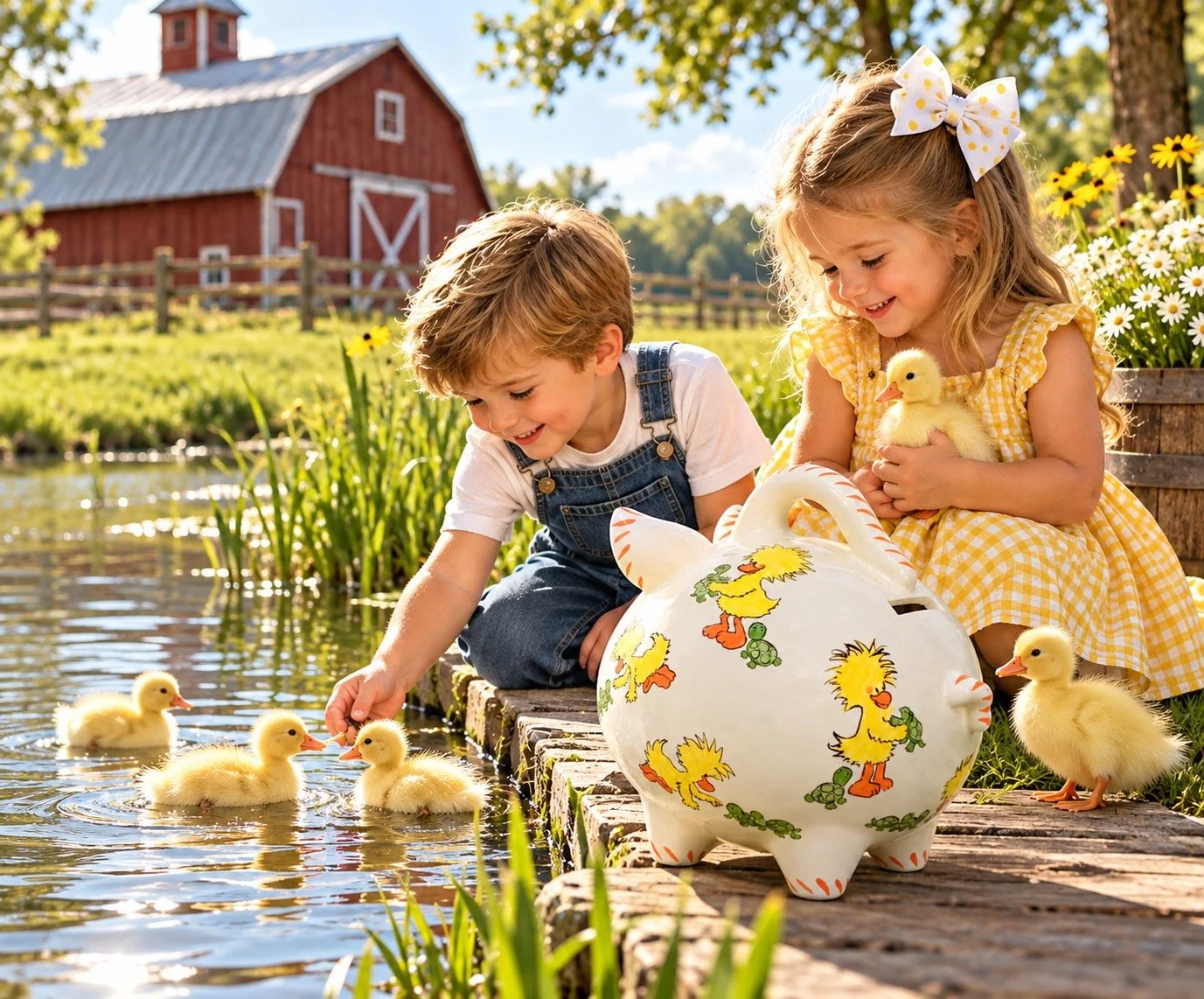 Boy and girl are playing with ducklings beside a sunny farm pond with a red barn, featuring a handcrafted ceramic Piggybank Express piggy bank decorated with cheerful yellow ducks and green turtles.